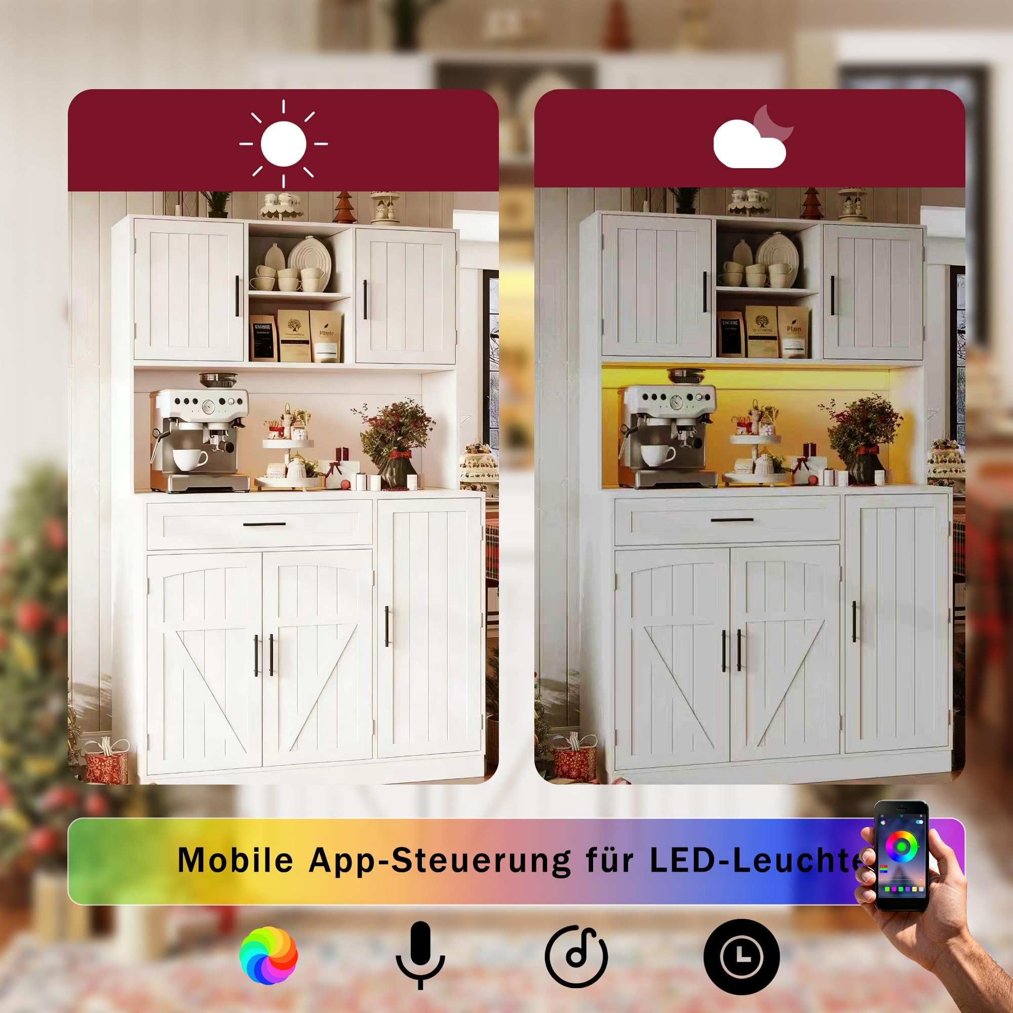 Seitenschrank, Aufbewahrungsschrank, Küchenschrank, 110x38x180 cm, Landhausstil, fünf Türen, mit LED-Leiste und Steckdose, Weiß