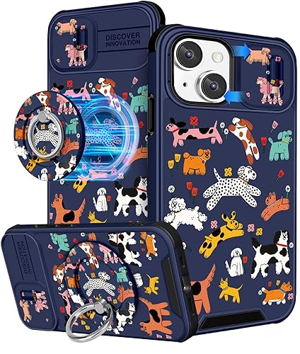 Buleens for iPhone 14 Plus Case 6.7 Inch - with Ring Stand & Camera Cover Cute Designed for Women Girls Cartoon Kawaii Dogs for iPhone 14 Plus Phone Case Compatible with Magsafe - Dogs - for iPhone 14 Plus