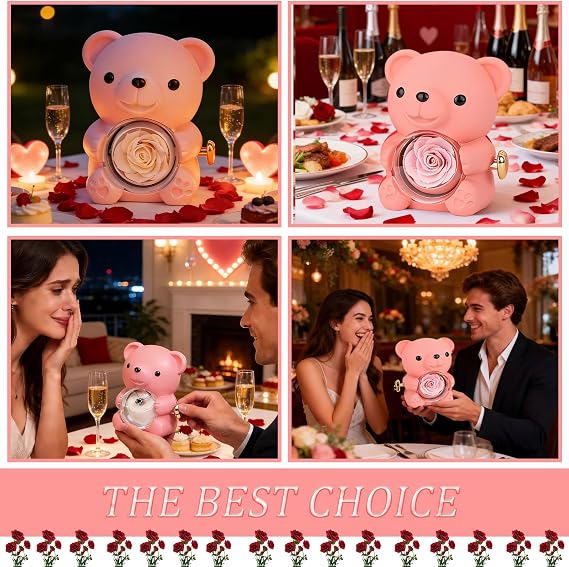 yayafunfun Pink Romantic Teddy Bear with Preserved Rose Heart, Hidden Jewelry Box, Eternal Pink Rose Teddy Bear Gift for Women Girl Valentines Day, Mother's Day, Birthday,Wedding, Bridal Shower