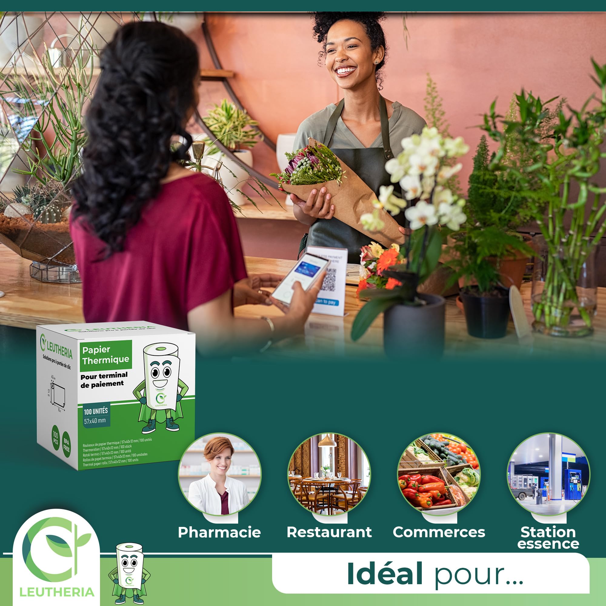 Bobine de papier thermique 57x40x12mm 15M sans BPA pour carte bleue ticket de caisse