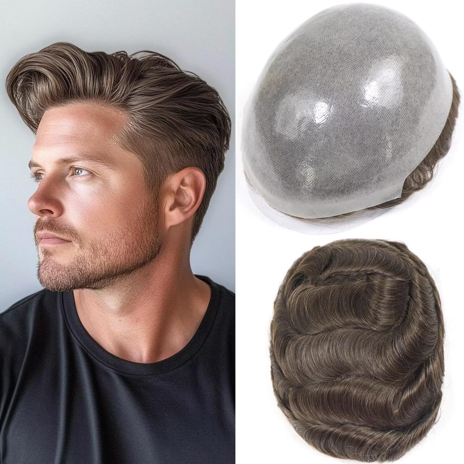 HAPPY&CC Toupee for Man Thin Skin PU Men's Hairpiece European Virgin Human Hair Replacement System Pieces Male Hair Prosthesis Unit for Men 10x8inch