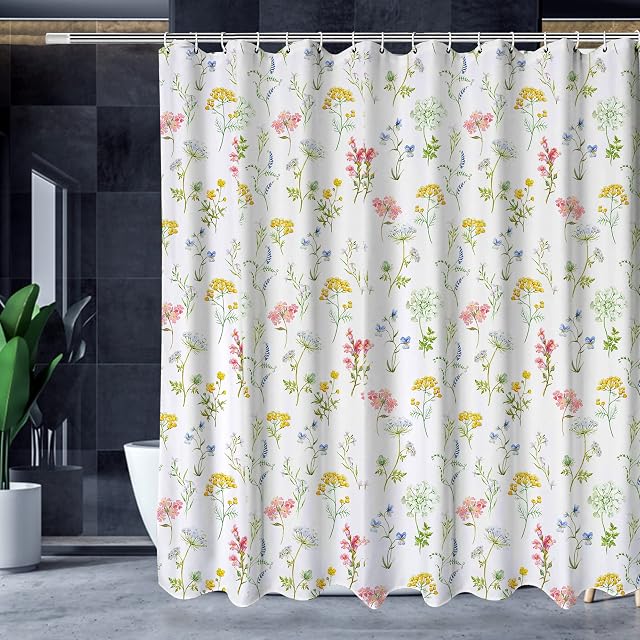 LYNXTEX White Floral Shower Curtain Set for Bathroom with Hooks - Watercolor Colorful Spring Polyester Fabric Waterproof Shower Curtain for Bathroom Decor - Multi-Color Flowers & Leaves - 72 X 72 Inch