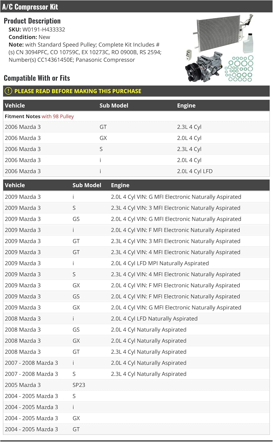 A/C Compressor Kit with Condenser - Compatible with 2004-2009 Mazda 3 (with Standard Speed Pulley)