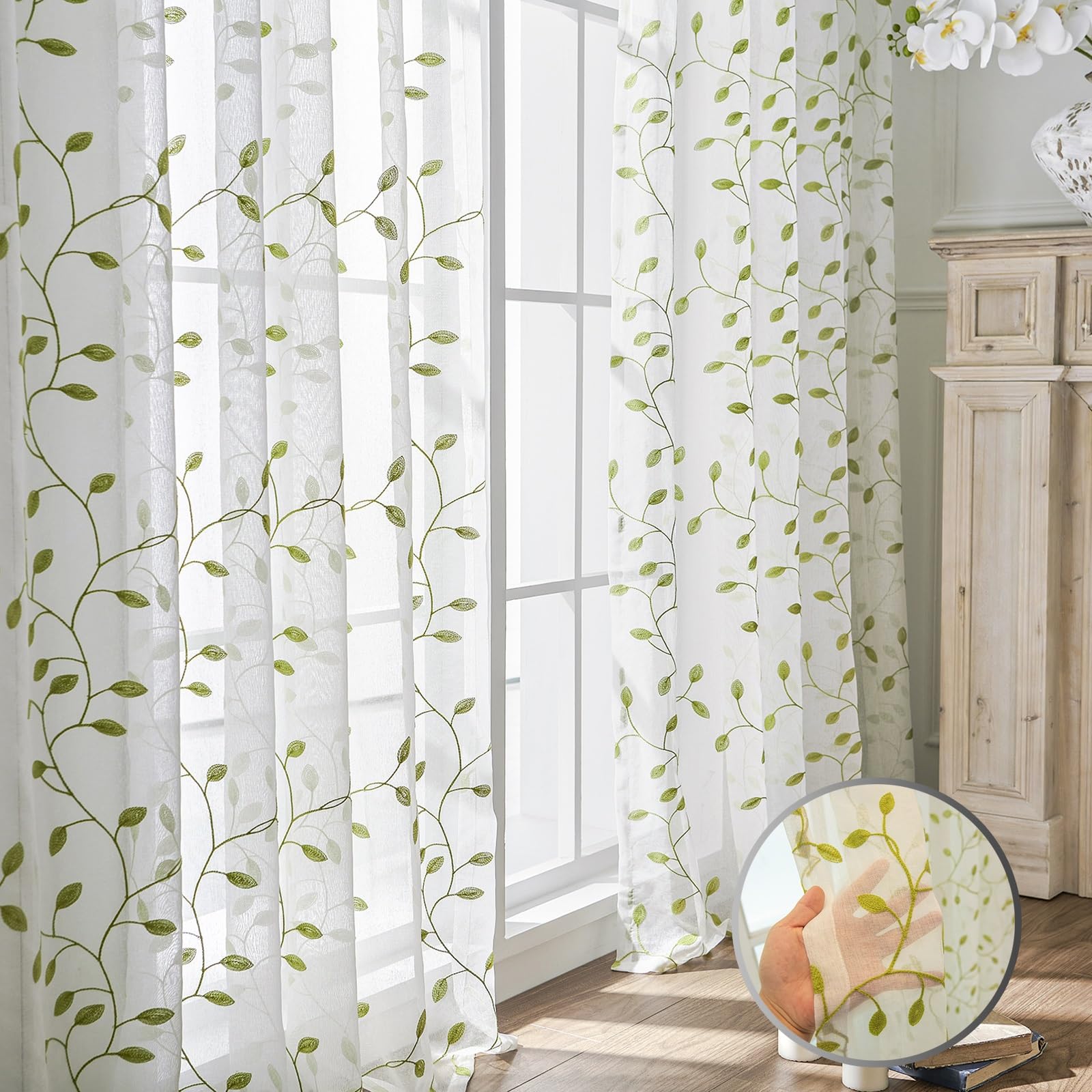 LONGCAO Tende Trasparenti 80 x 200 cm Set 2 Pannelli in Voile Morbido 100% Poliestere Traslucido Verde