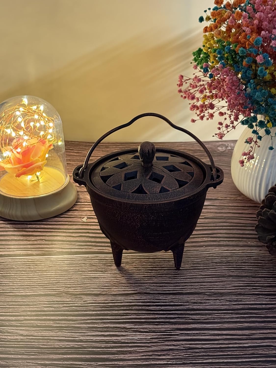 YIMIFLA Incense Burner Holder with Lid and Handle Cast Iron Cauldron 4.9" Frankincense Resin Charcoal Incense Burner Great for Yoga, Spa Aromatherapy, Smudging, Ritual & Blessings (Red Bronze)