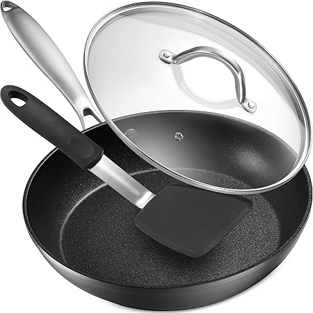 Nonstick Frying Pan - Kitchen Cookware Set 10” Hard Anodized Skillet, Lid and Silicone Spatula - Egg Pan - Non Stick Frying Pans for Cooking - Gas, Electric, Oven or Induction Cookware Kitchen