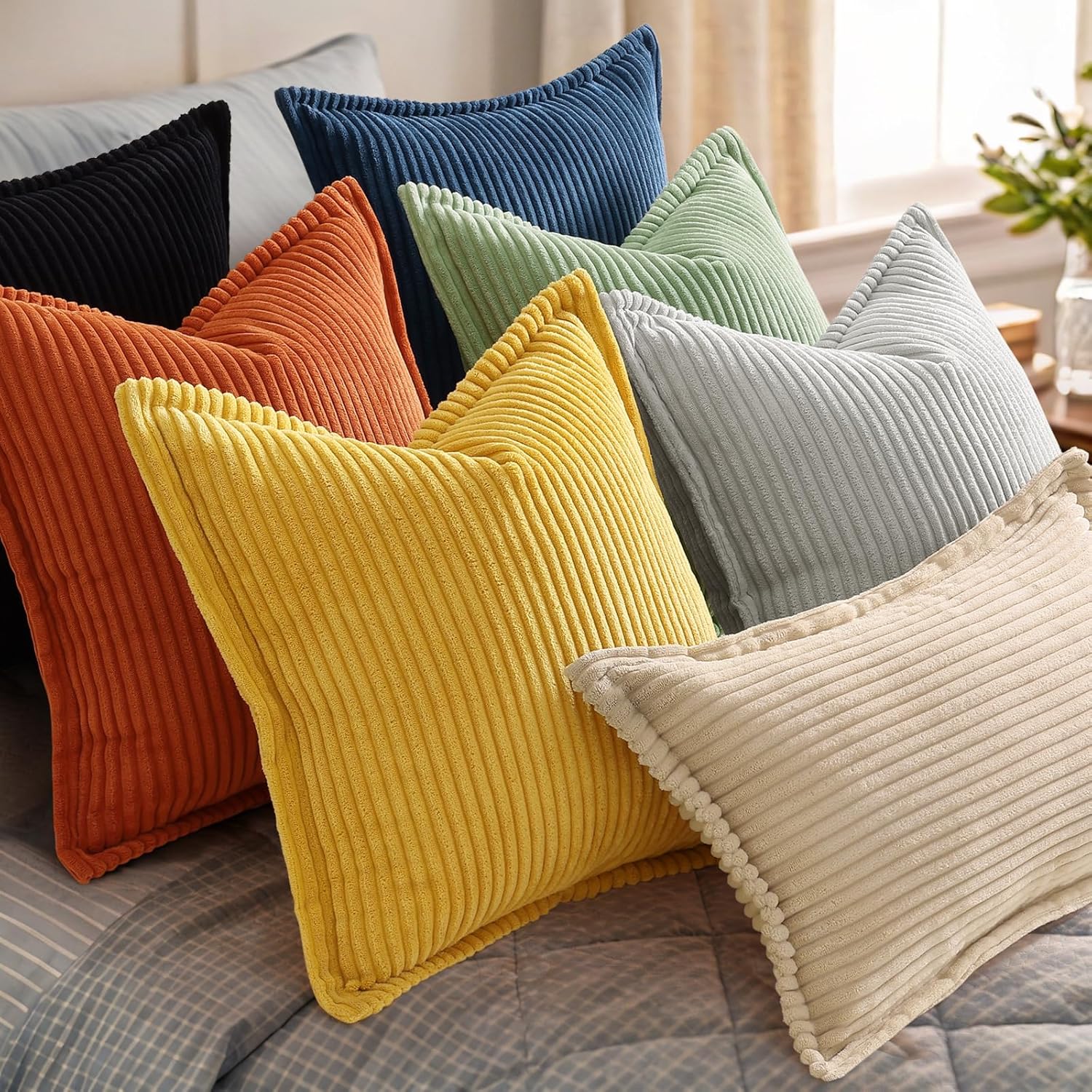 decorUhome Spring Corduroy Mustard Yellow Throw Pillow Covers 18x18 Set of 2 Decorative Soft Boho Farmhouse Couch Pillow Covers for Living Room Bed Sofa Broadside Striped Pillow Cases - Image 8