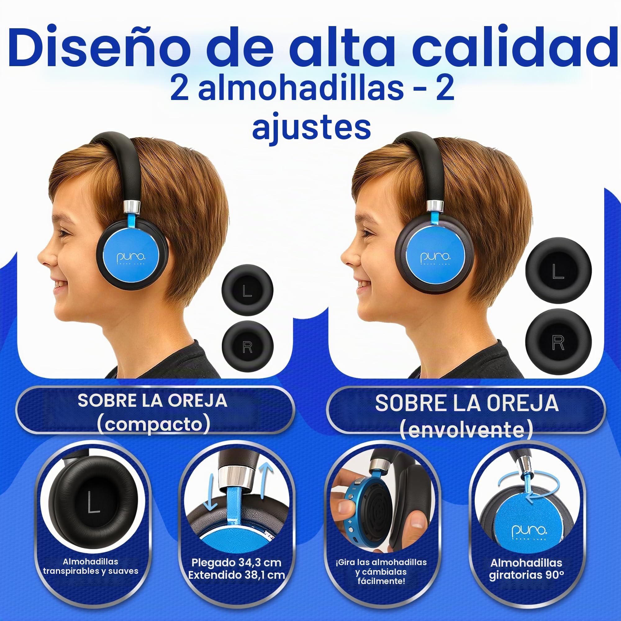 Puro Sound Labs BT2200-Plus Auriculares Bluetooth para Niños con Limitación de Volumen - Auriculares más Seguros para Niños - Calidad de Audio de Estudio y Aislamiento de Ruido (Azul)
