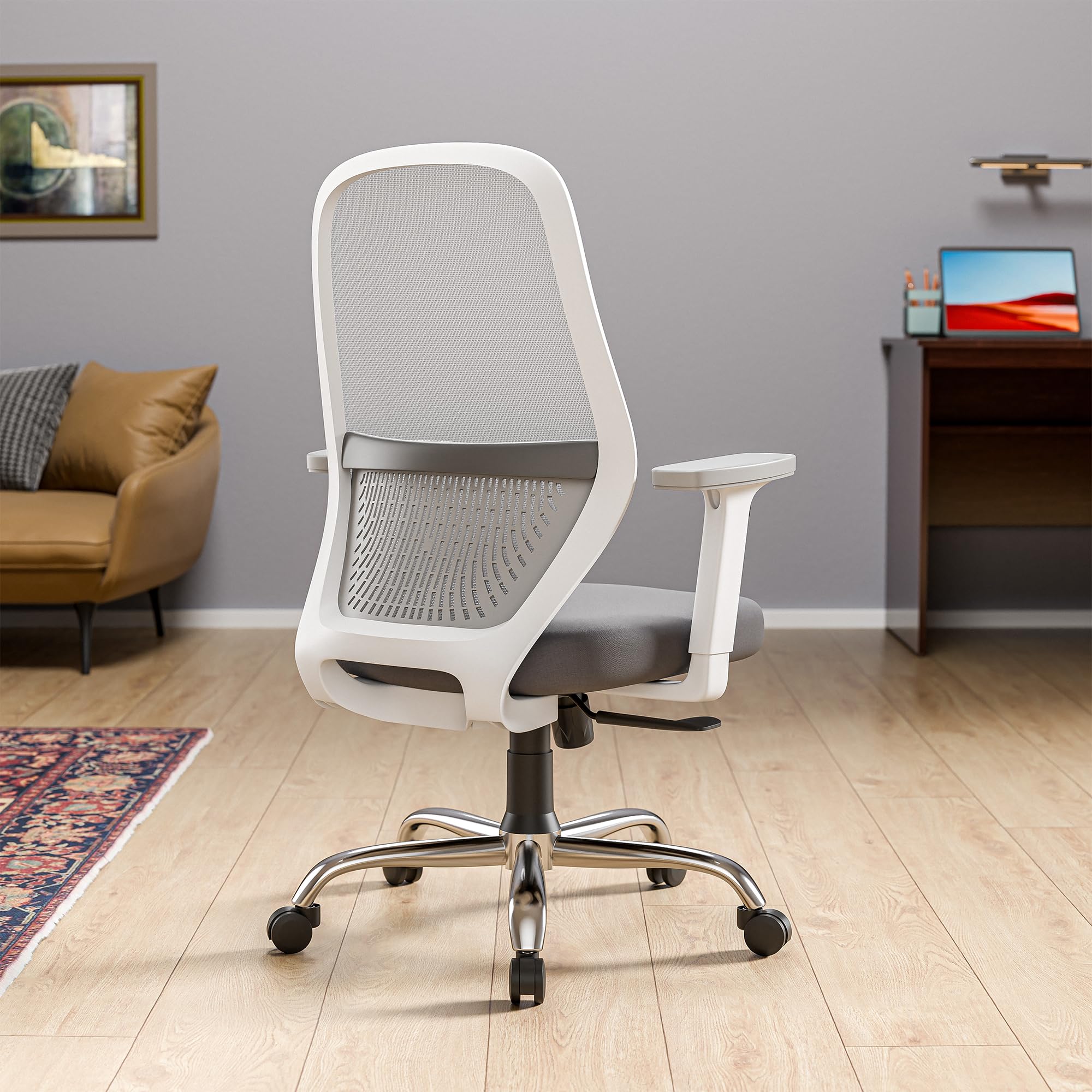 Green Soul Eva Superb Office Chair, Mid Back Mesh Ergonomic Computer, Desk Chair, Work from Home Chair with Built-in Lumbar Support, Heavy Duty Metal Base & High Comfort Seating (White Grey)
