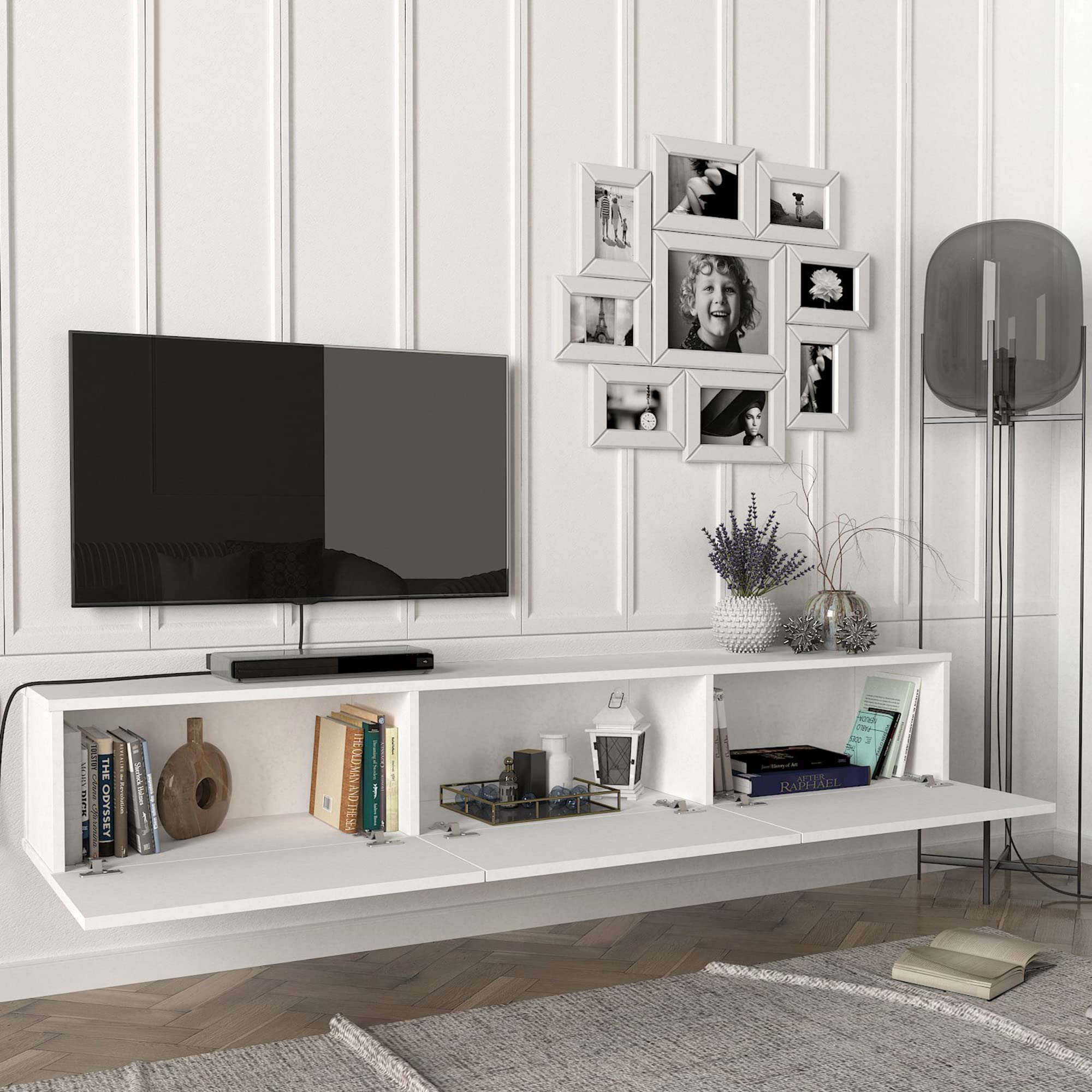 [en.casa] Mobile TV da Parete con 3 Ante a Ribalta Mensola Porta TV 180 x 31 x 29,5 cm Armadietto Pensile - Bianco