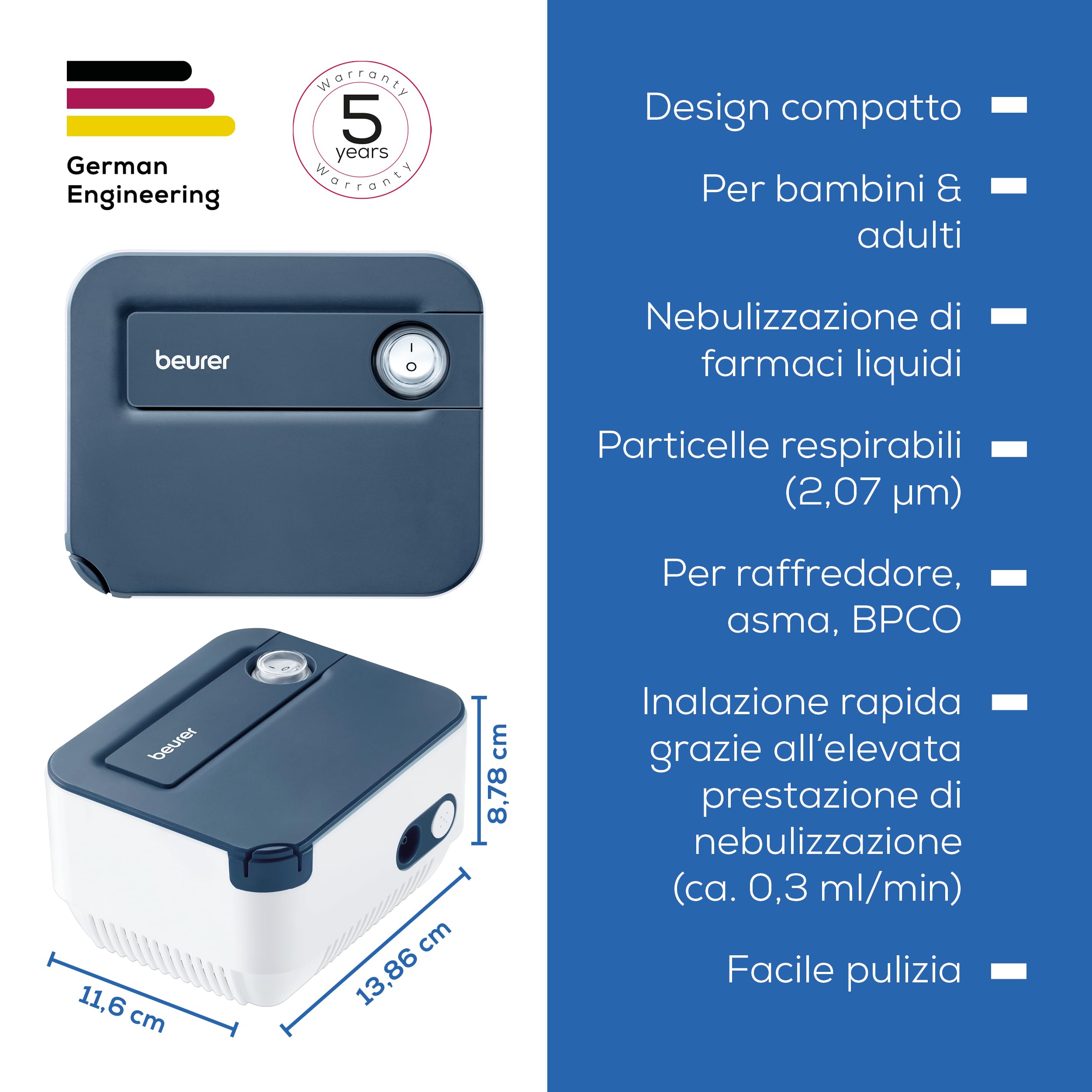 Beurer IH 16 Aerosol con tecnologia ad aria compressa mediante compressore, design compatto, per il trattamento delle vie respiratorie, adatto per adulti e bambini, facile da pulire