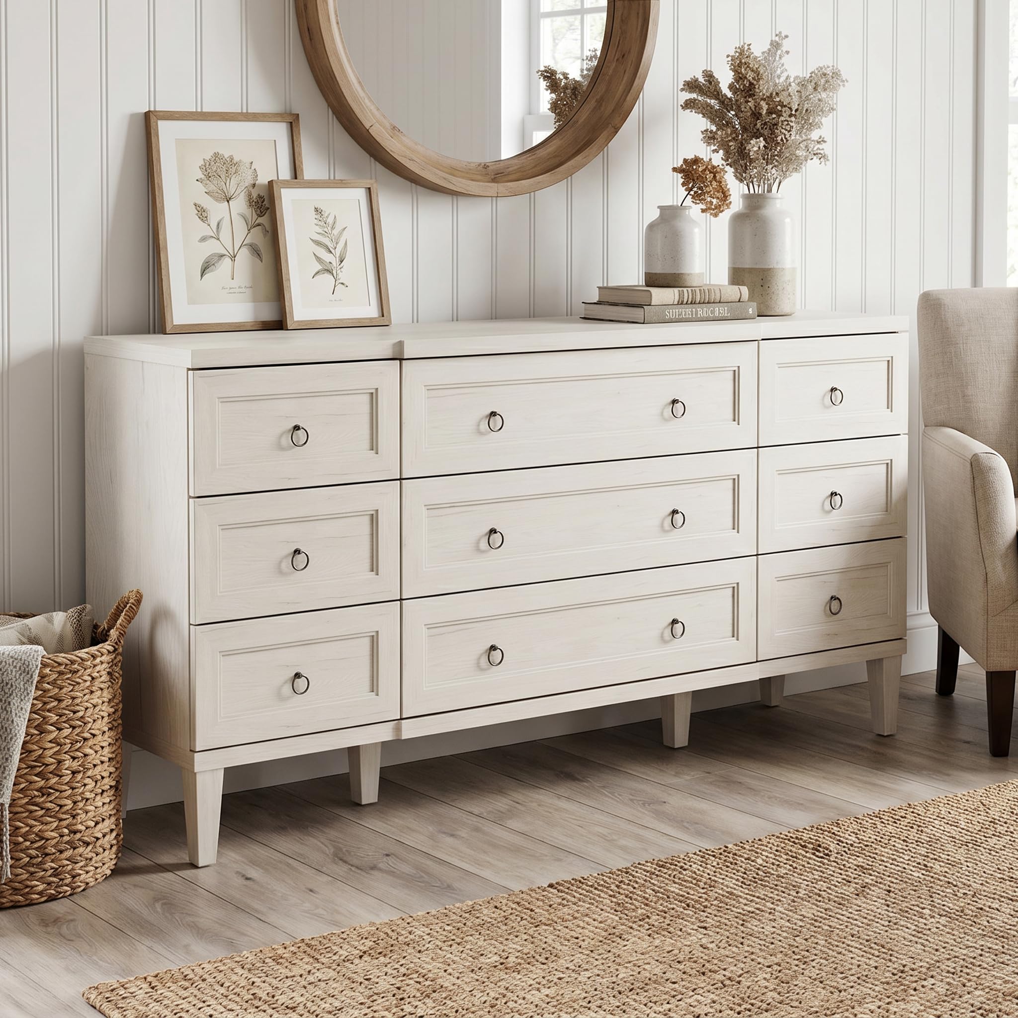 Farmhouse 9 Drawer Dresser, 63 inch Wood Dresser for Bedroom, Long Chest of Drawers with Storage, Closet Chest Organizer with Metal Handles, Large Storage Cabinet, Beige (similar stock photo) 