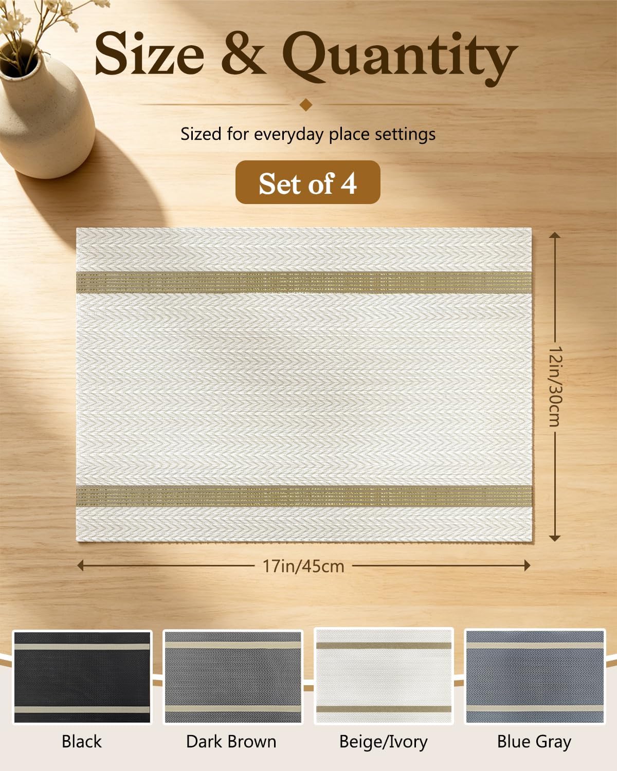 COOLMI Beige Placemats Set of 4, Washable Woven PVC Table Mats, Heat Resistant Non-Slip Place Mats for Dining Table, Flat Pack No Curled Edges, Indoor Outdoor, 17 x 12 Inch