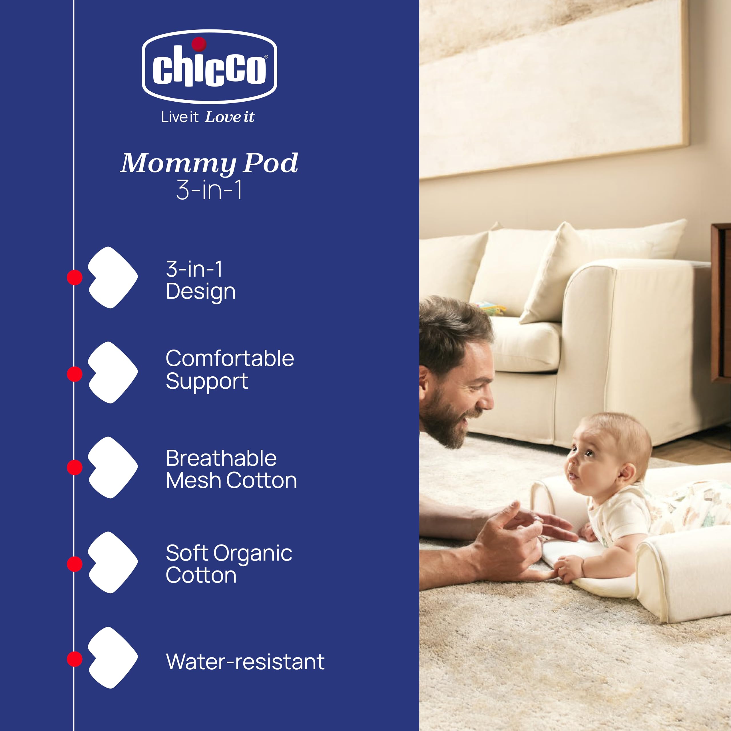 Chicco Mommy Pod 3 en 1, Reductor para Cuna de bebé, 81 cm x 49 cm, Nido para bebés, 0-3 Meses para Dormir, 0-8 Meses para el Tiempo del pancino, Funda de algodón orgánico, Lavable a máquina, Beige