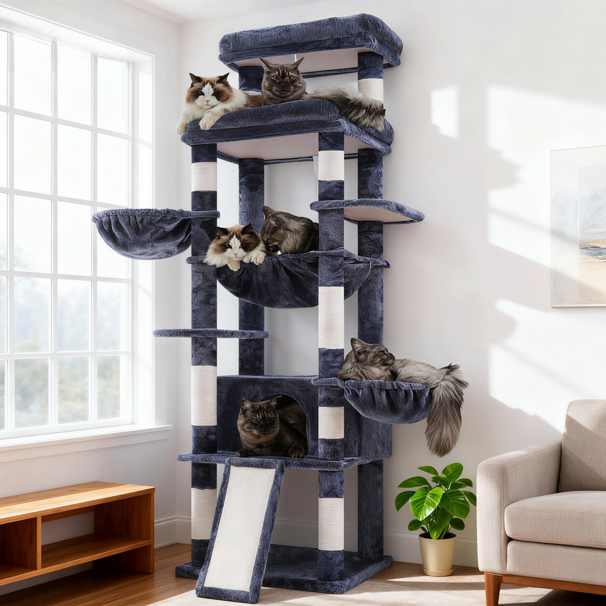 Hey-brother Kratzbaum, 182 cm hoch Katzenbaum für Großkatze, mehrstöckiger Katzenkratzbaum mit 2 Grosse liegefläche, 3 Hängematten, Höhle, 2-in-1-Sisalkratzbrett, Plüschbällen, Rauchgrau EMPJ080G