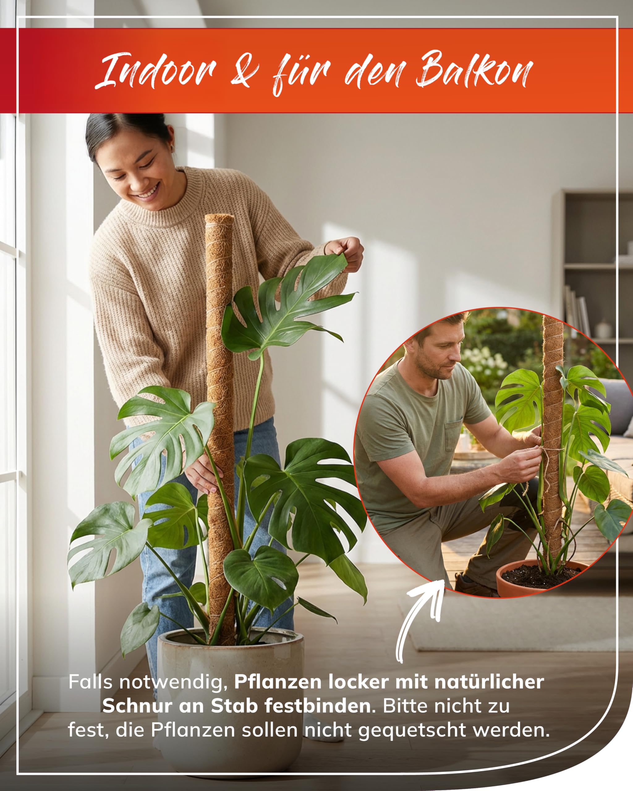 bellissa Kokosstab Pflanzstab Monstera Efeutute Rankhilfe 10er-Set 80 cm | Pflanzenstütze für Garten & Balkon mit Holzkern, steckbar & erweiterbar