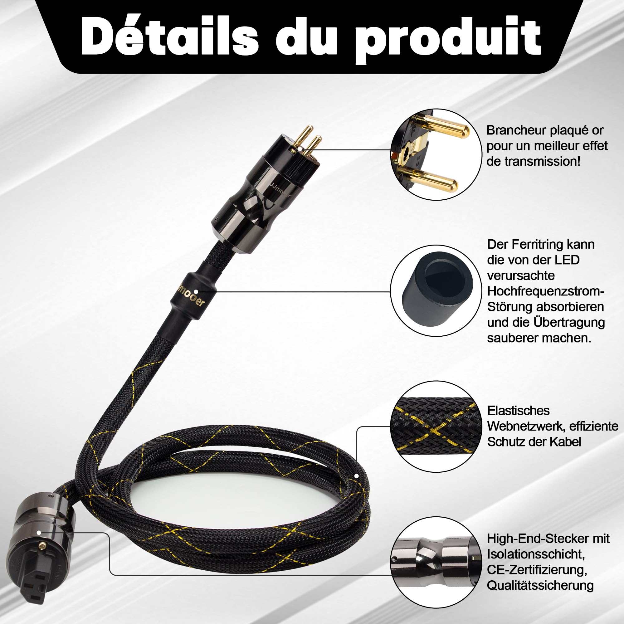 avec Blindage Cable Secteur HiFi, avec Anneau de ferrite, câble d'alimentation Audio en cuivre sans oxygène Haut de Gamme（2m）
