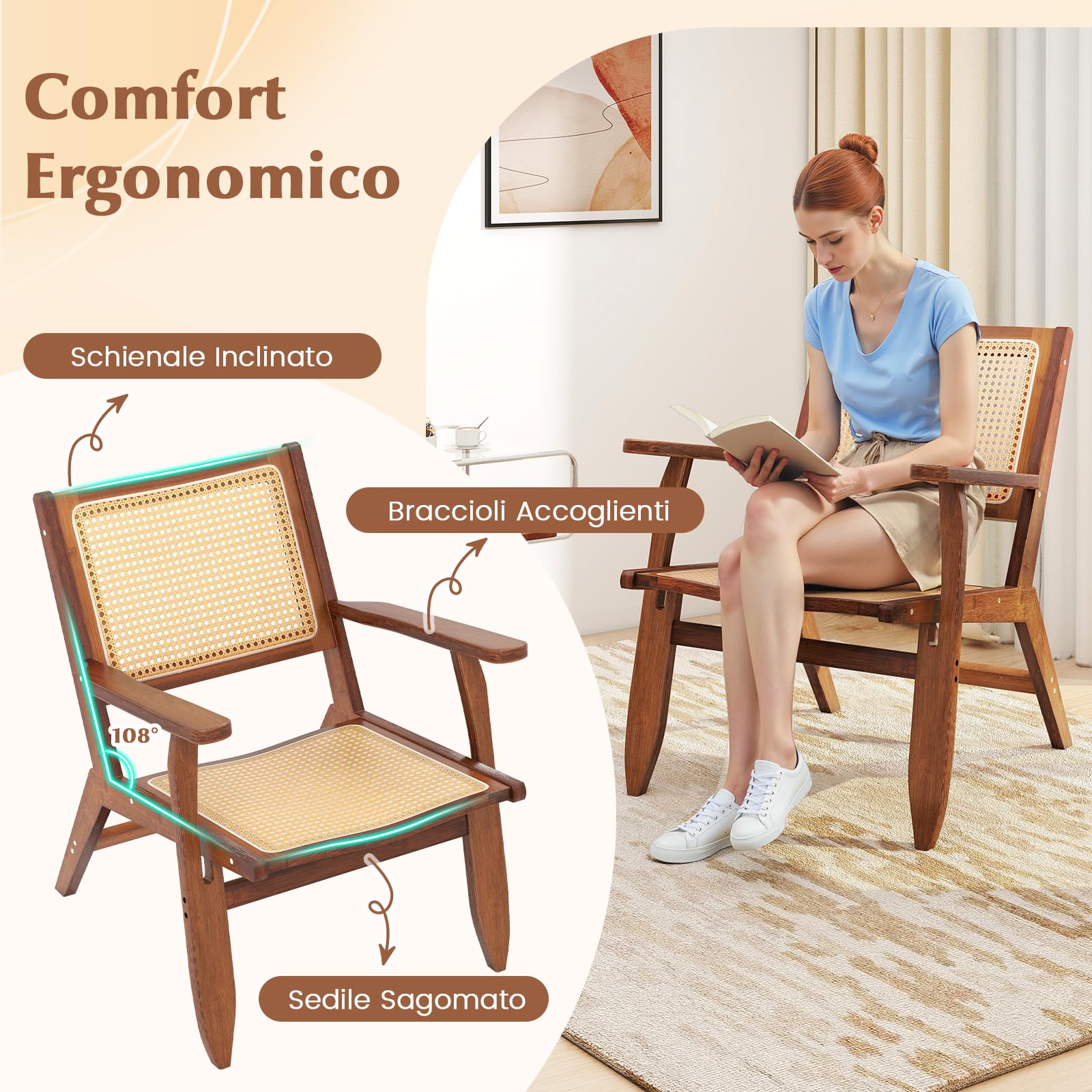 COSTWAY Poltrona Lounge, Poltrona Ergonomica in Rettan e Bambù con Schienale e Braccioli, Portata 150 kg, Sedia Bohemien per Soggiorno, Camera da Letto e Studio