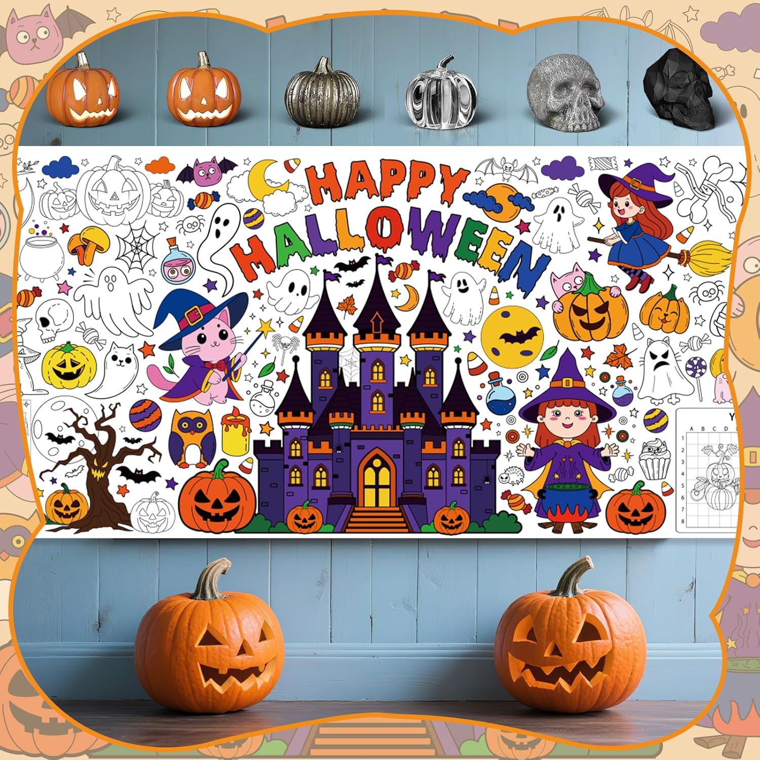 Happy Halloween Giant Coloring Poster - 29.5 x 71 Inch Castle Ghost Large Coloring Tablecloth for Kids Game, Cute Pumpkin Cat Bat Kids Game Toys for Halloween Party Decoration