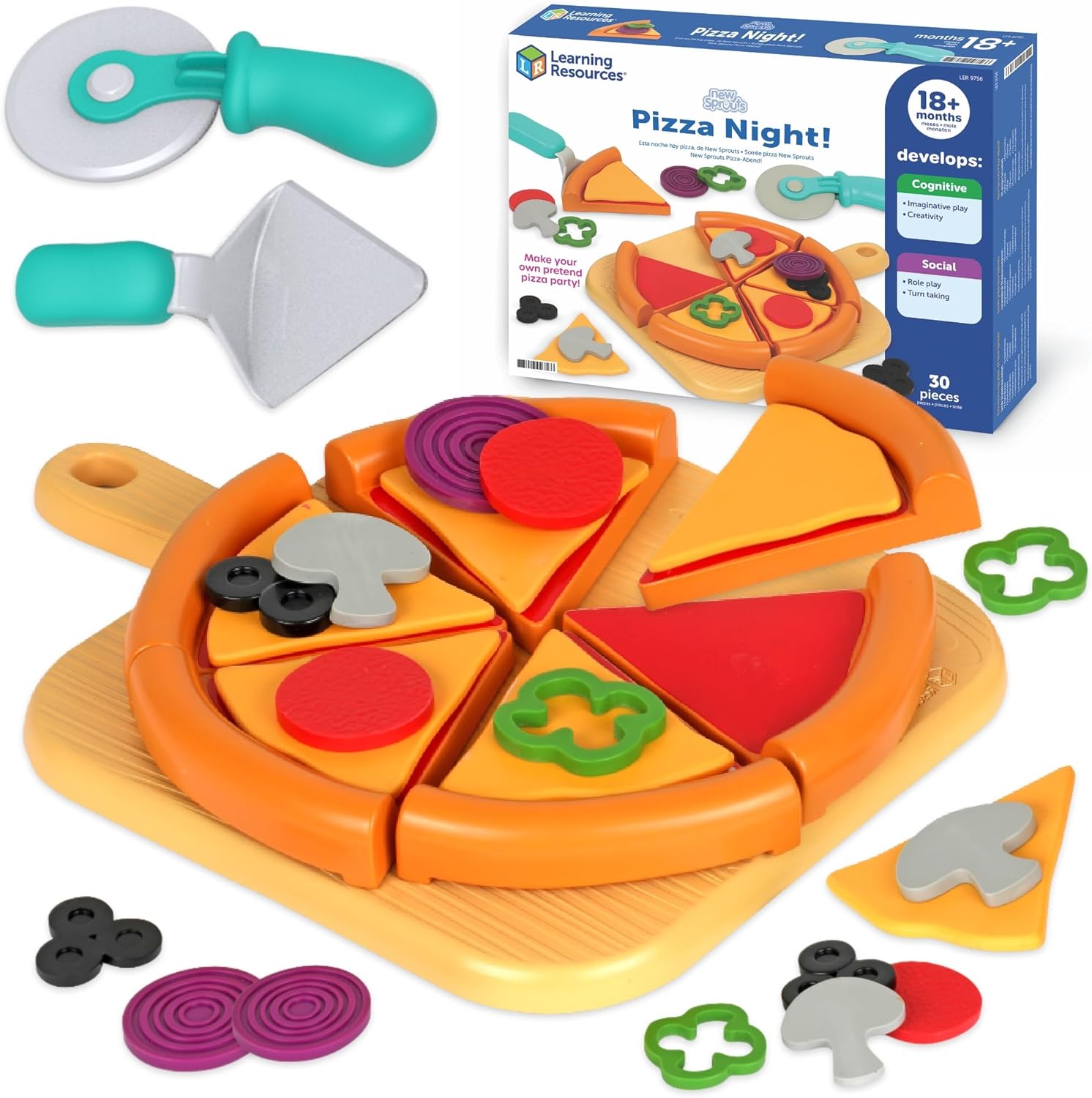 Learning Resources New Sprouts Pizza Night - Play Food Sets for Kids Kitchen, Toddler Pretend Play Food Set, Preschool Toy Pizza, Fine Motor Skills, Kitchen Playset Accessories for Kids