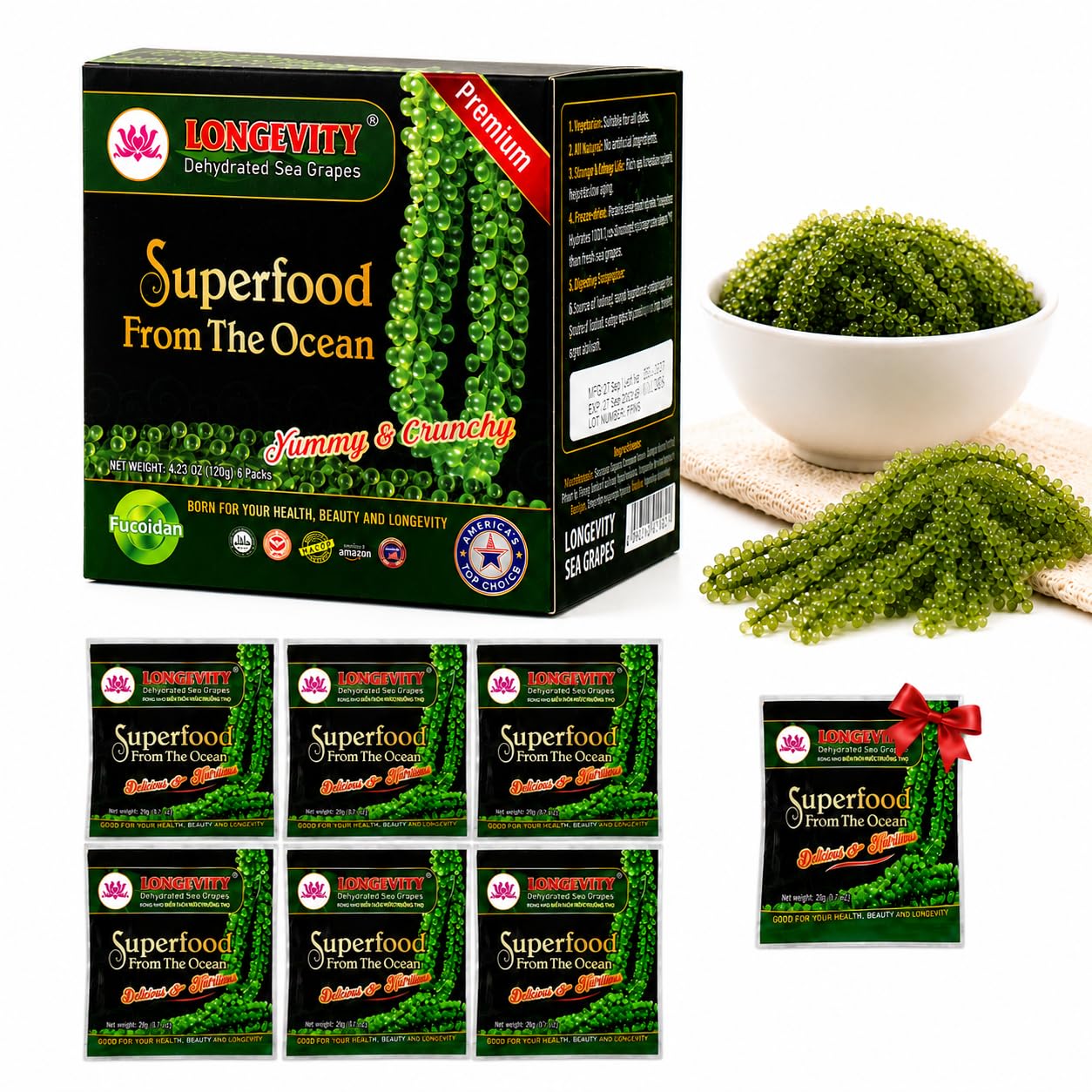 LONGEVITY SEA GRAPES Dehydrated Sea Grapes, 20Grams Of 6 Packs, Umibudo Green Caviar, Lato Seaweed, Precious Gift From The Sea | Enhance Health, Boosting Immune System-image-38