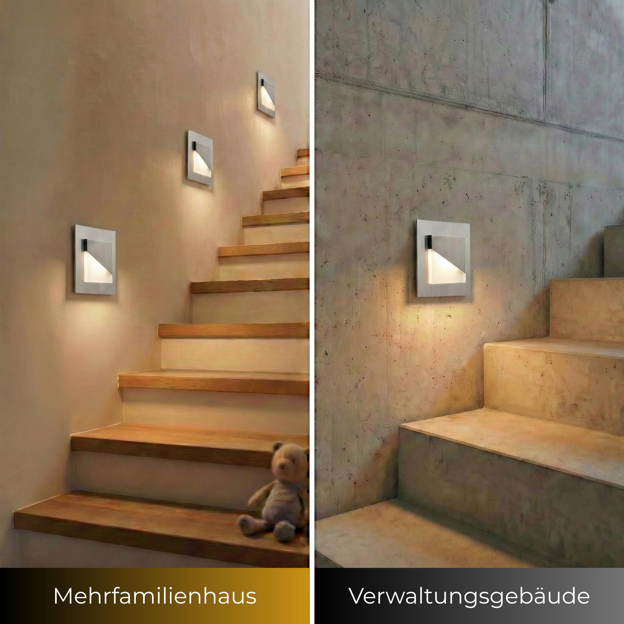 Maxkomfort LED Treppenbeleuchtung 230V Warmweiß 1,5W Eckig Eisen-Gebürstet Treppenleuchte Wand Einbauleuchte Treppenlicht Flurleuchte Nachtlicht 80x80mm 6105