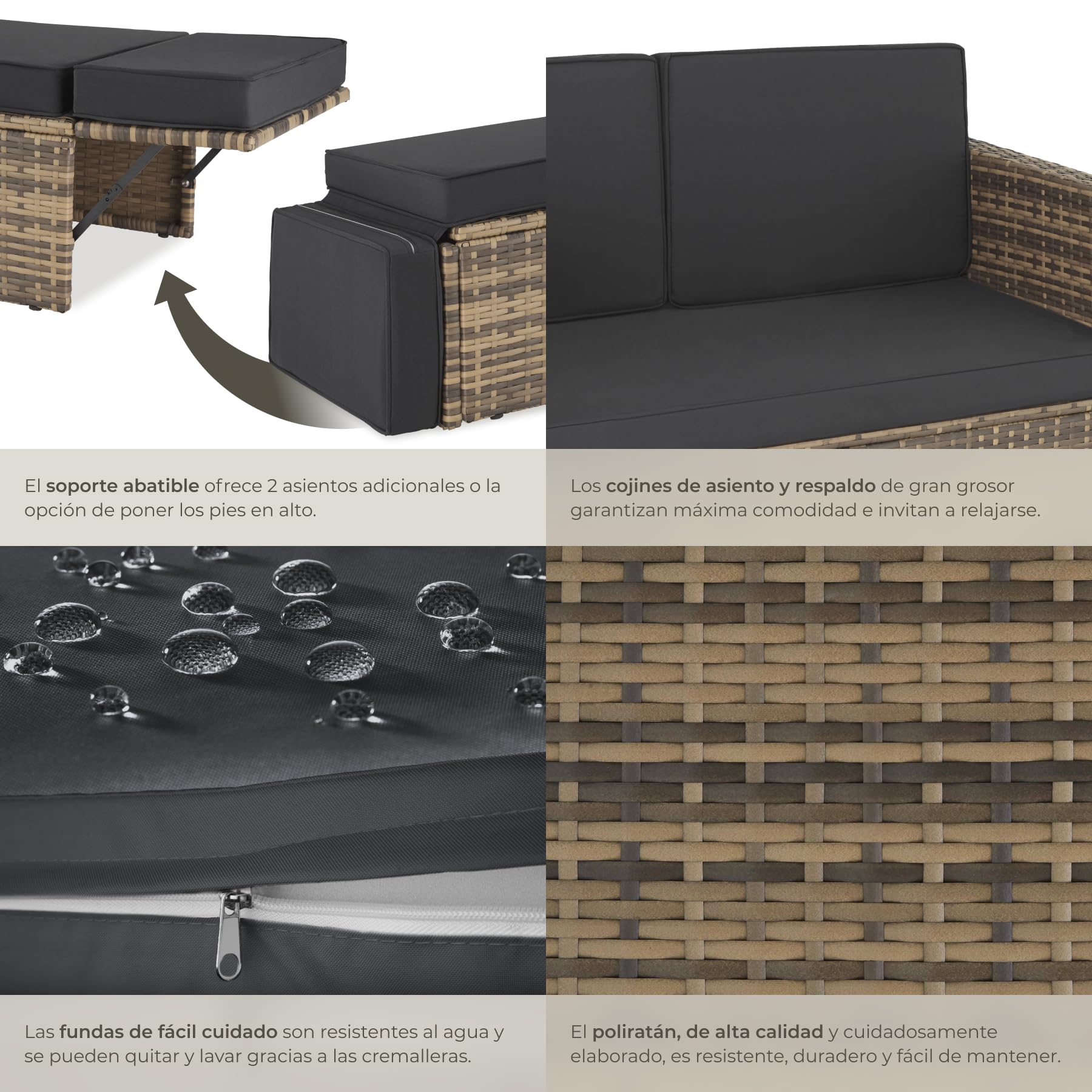 TecTake® Sofá de Ratán con Taburete Reposapiés, Conjunto Jardín Sillón 2 Plazas, Mueble Jardín Exterior con Cojines Gruesos, Conjunto Terraza Resistente a la Intemperie y Estructura en Acero - Natural