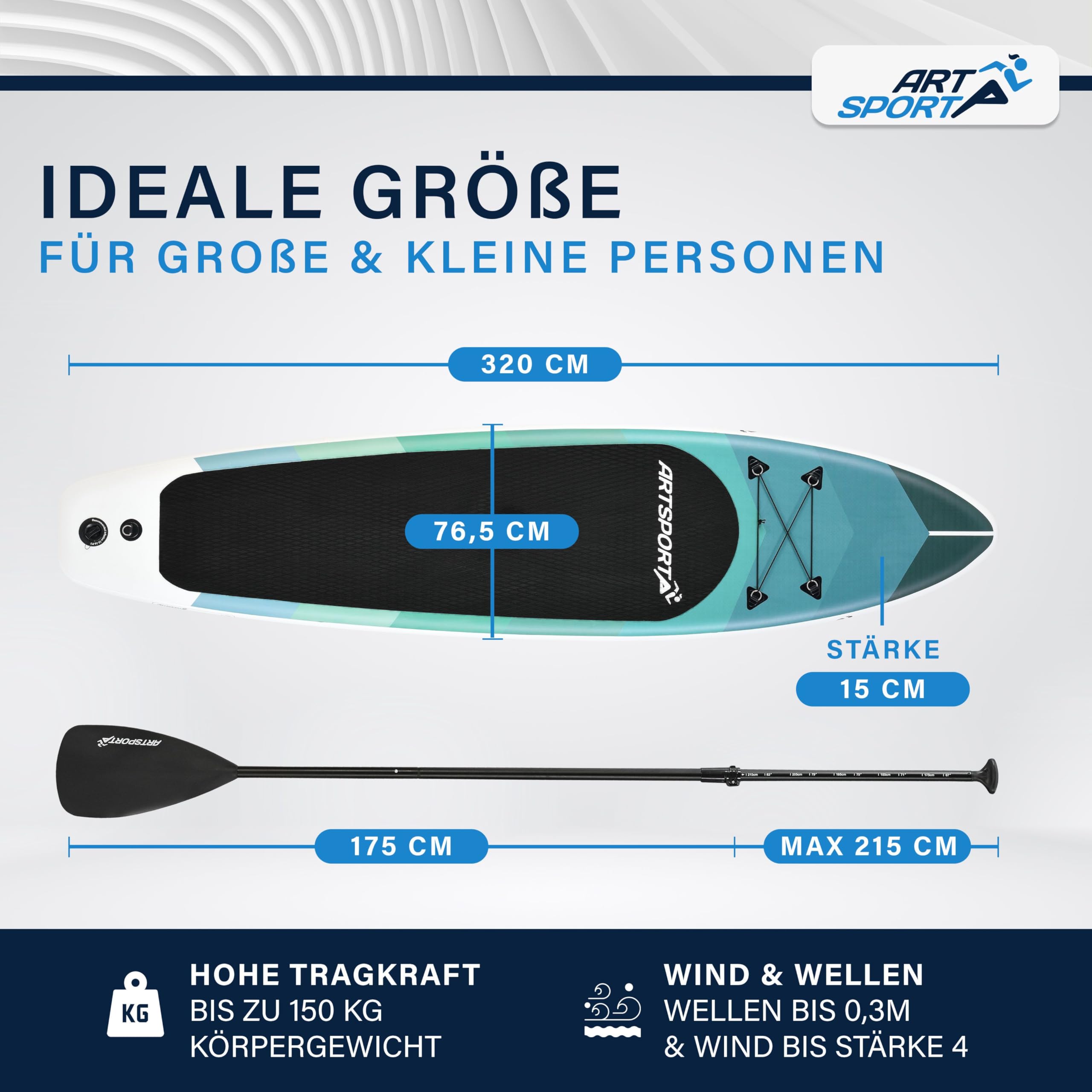 ArtSport SUP gonfiabile 320 cm – Tavola Stand Up Paddle | 150 kg | Set completo con pagaia, pompa, leash, zaino