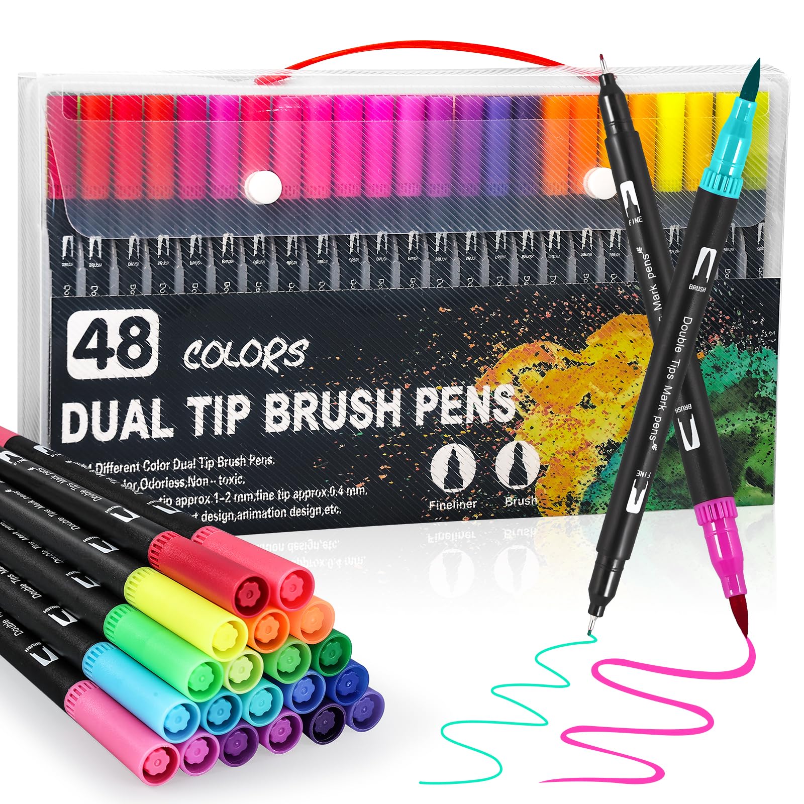 Joyoldelf Lettering Markers 48 Colours – Double Brush Tip, Lettering Kit for Girls Boys and Adults, Watercolour Professional Mandalas, Graffiti, Calligraphy, Drawing, Coloring Book