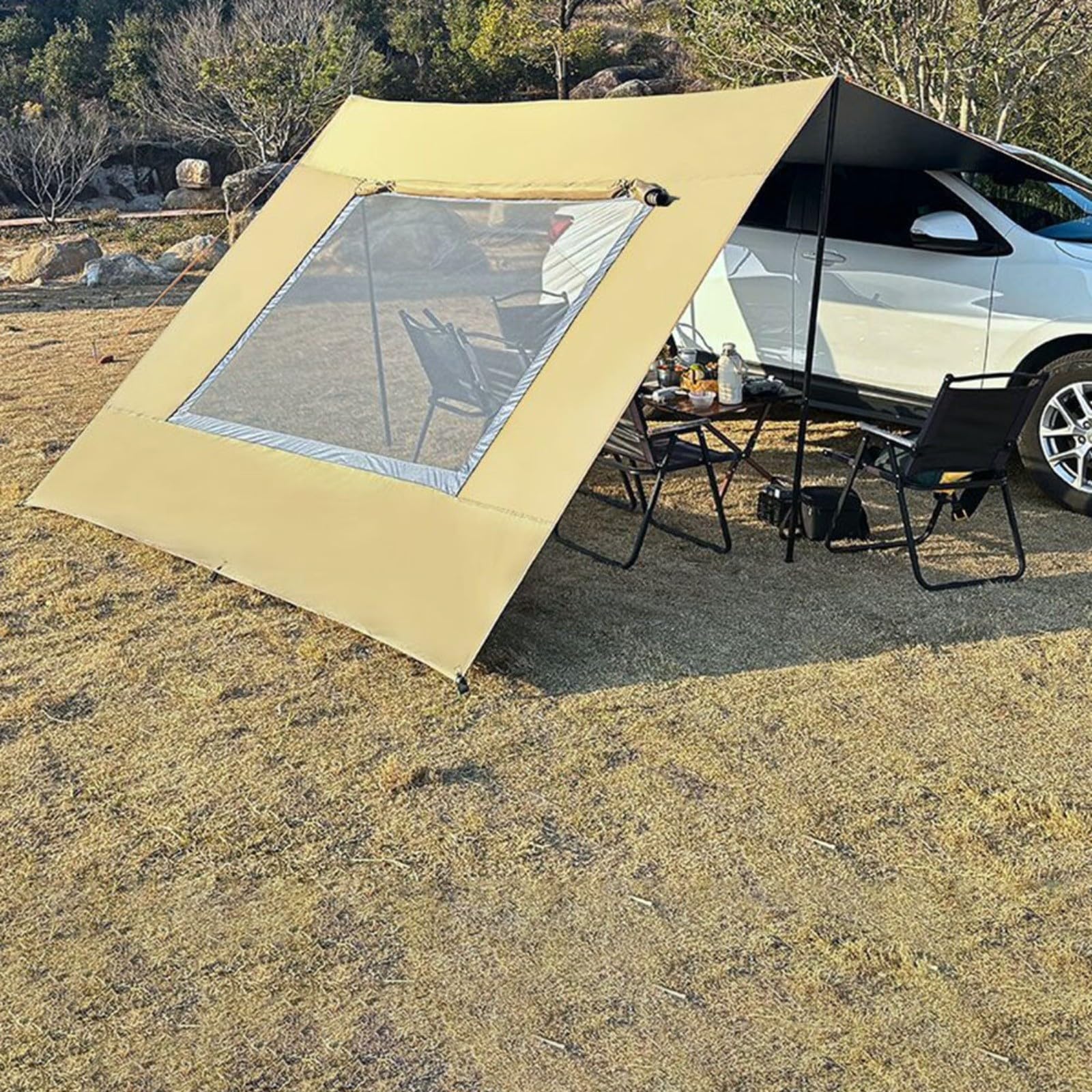 Toldo para caravana de 2,8 x 4,8 m con ventana de malla, tela Oxford recubierta de plata 210D, para protección UV (caqui)