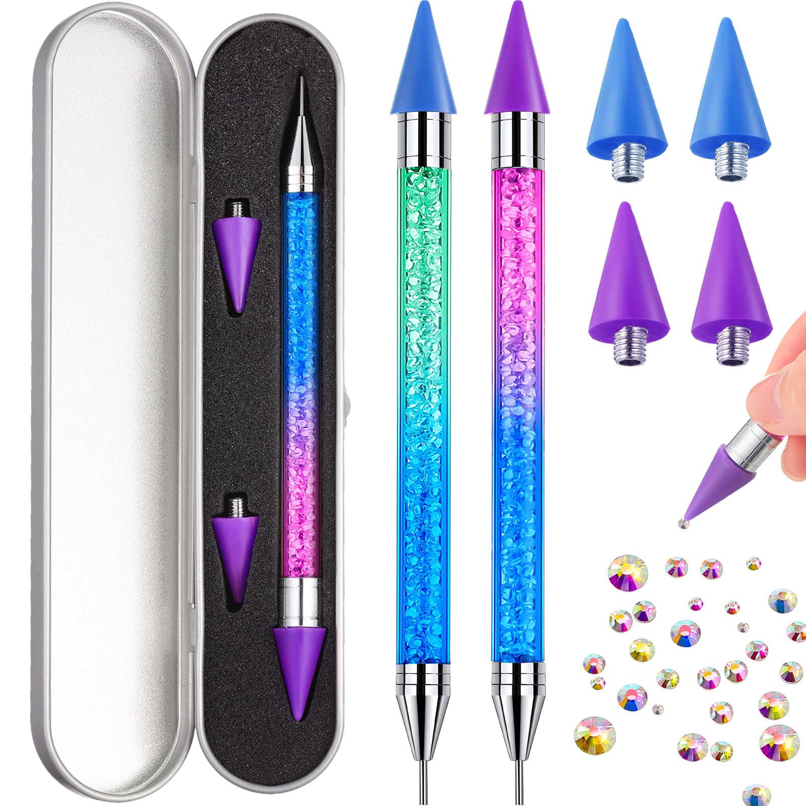 Tatuo 2 Pcs Nail Rhinestone Picker Tool Dual Ended Wax Pen Gem Picker Tool Dotting Pen for Nail Art DIY Rhinestones Dotting Gems Stones Crystals and