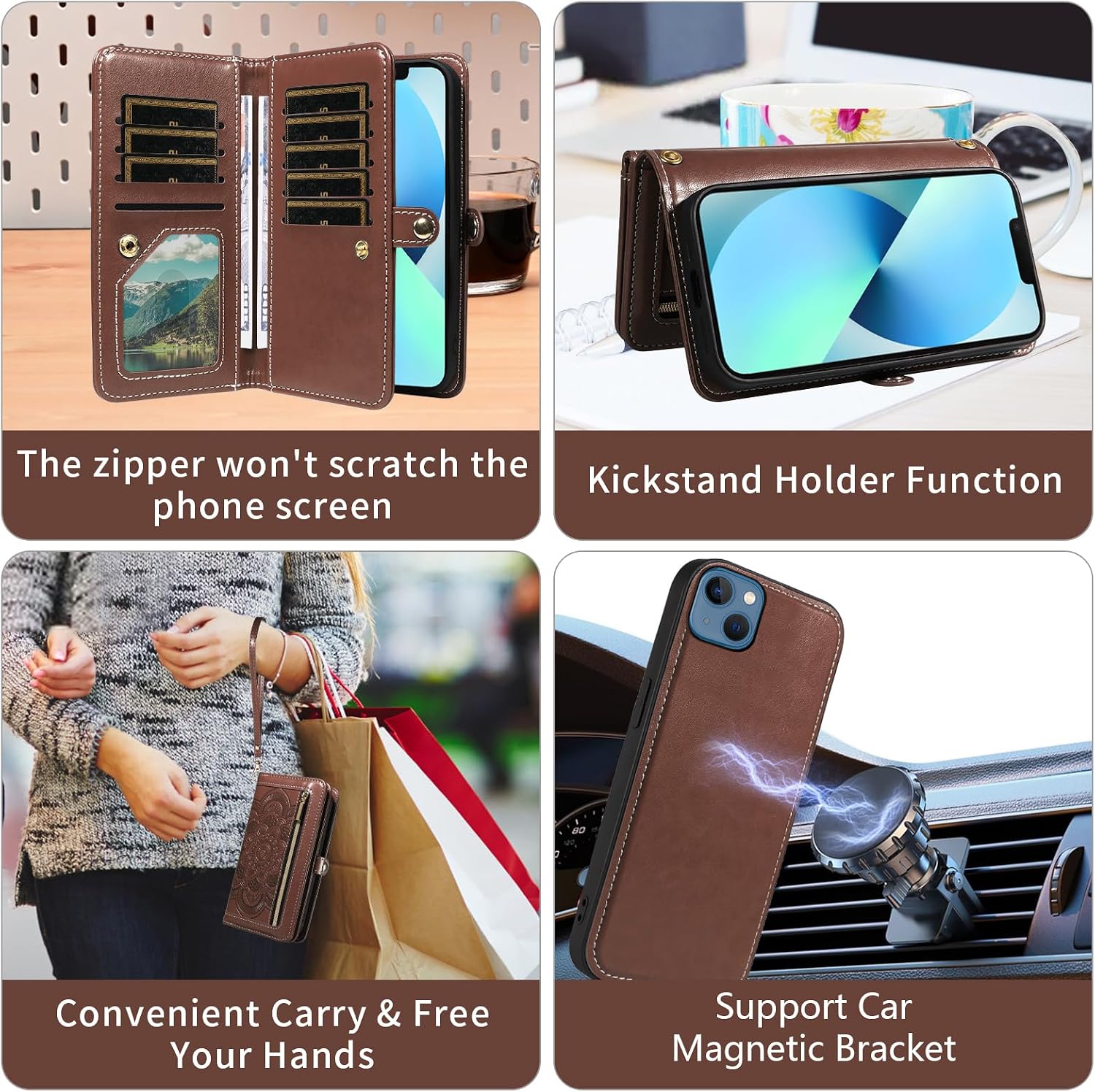 Asuwish Phone Case for iPhone 13 6.1 inch Zipper Wallet Detachable Cell Cover with Tempered Glass Screen Protector Wrist Strap Flower Card Holder iPhone13 5G i i-Phone i13 iPhone13case Women Men Brown