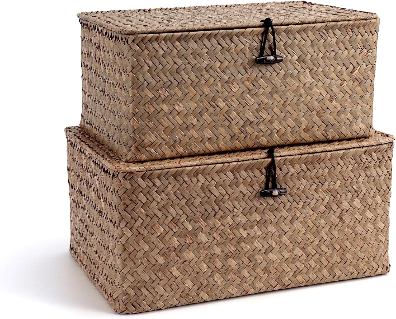 Nonam Storage Basket with Lid, Natural Seagrass Bin with Lid Set of 3, Shelf Baskets Multipurpose Container for Boho Decoration, Rectangular Storage Boxes for Home Organization- Dark Moss Green