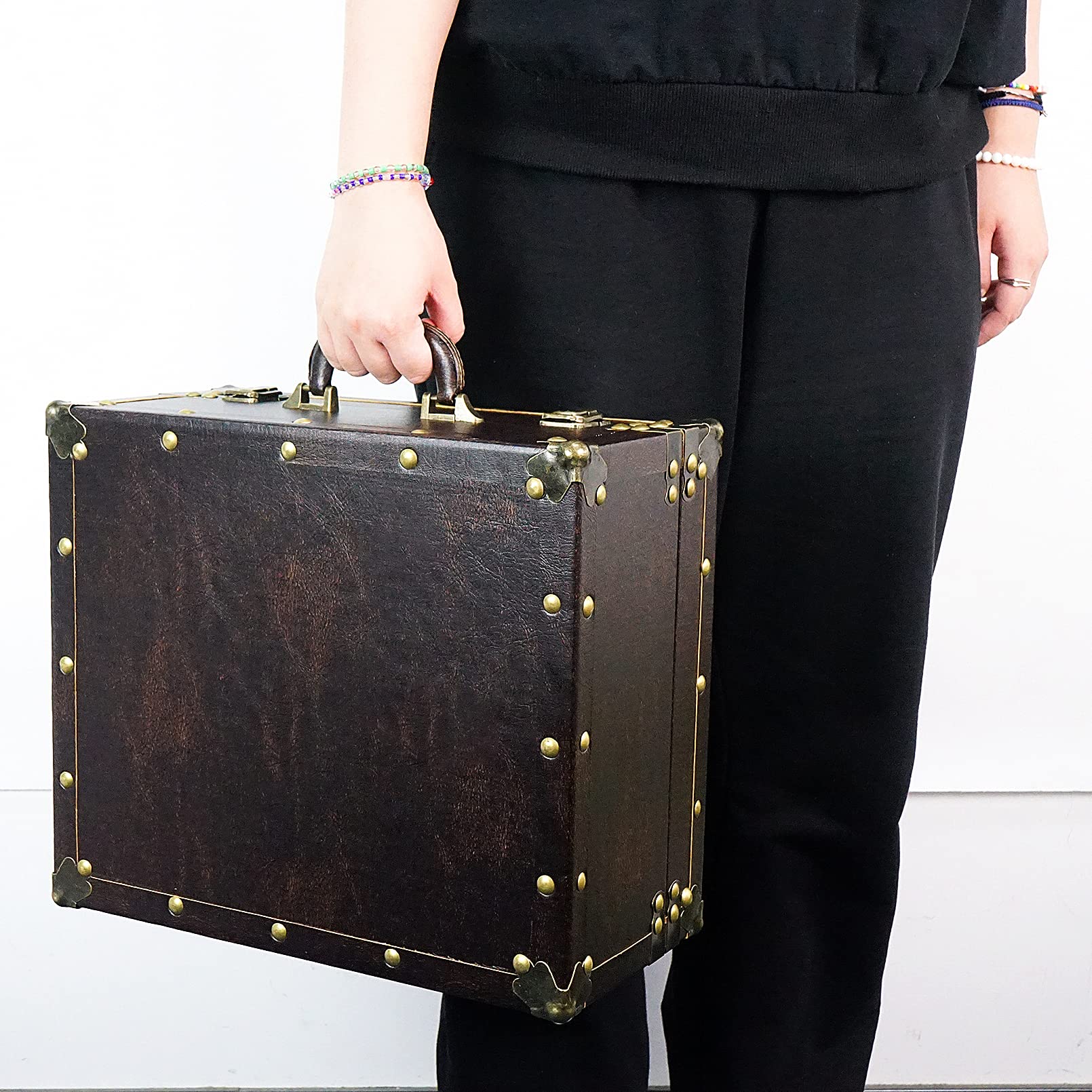 DreamsEden Large Wooden Decorative Storage Trunk - Wood Leather Treasure Chest Box Vintage Suitcase, 13.8