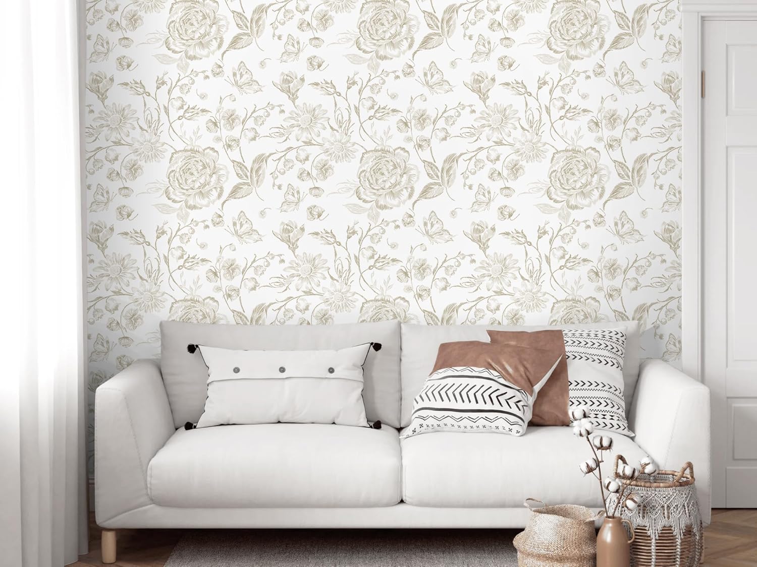 Floral Peel and Stick Wallpaper Boho Beige Contact Paper Neutral Farmhouse Vintage Wall Paper Removable Self Adhesive Wallpaper Bedroom Cabinet Bathroom Waterproof Vinyl Roll 17.3" x 197"