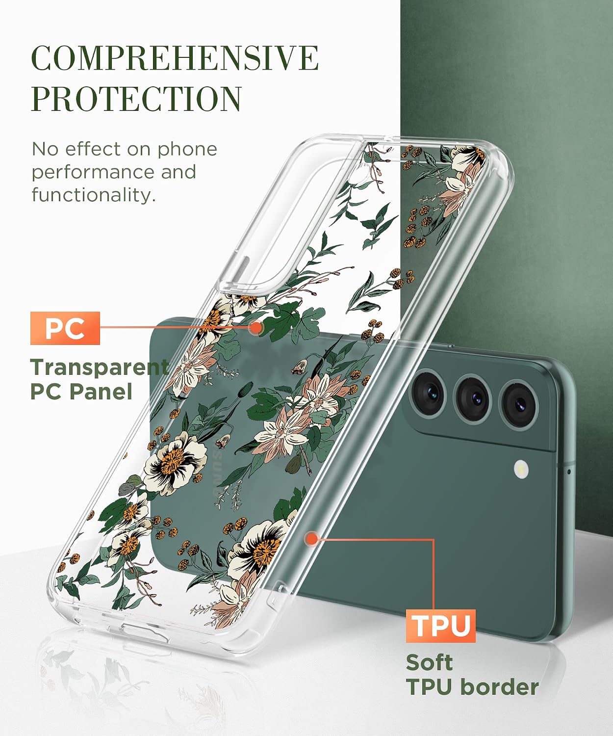 【𝟮𝟬𝟮𝟮 𝗡𝗲𝘄】GVIEWIN for Samsung Galaxy S22 Case with Screen Protector+Camera Lens Protector, Floral Slim Clear Shockproof Hard PC+Soft TPU Bumper Protective Phone Cover 6.1" 2022 (Feverfew/Green)
