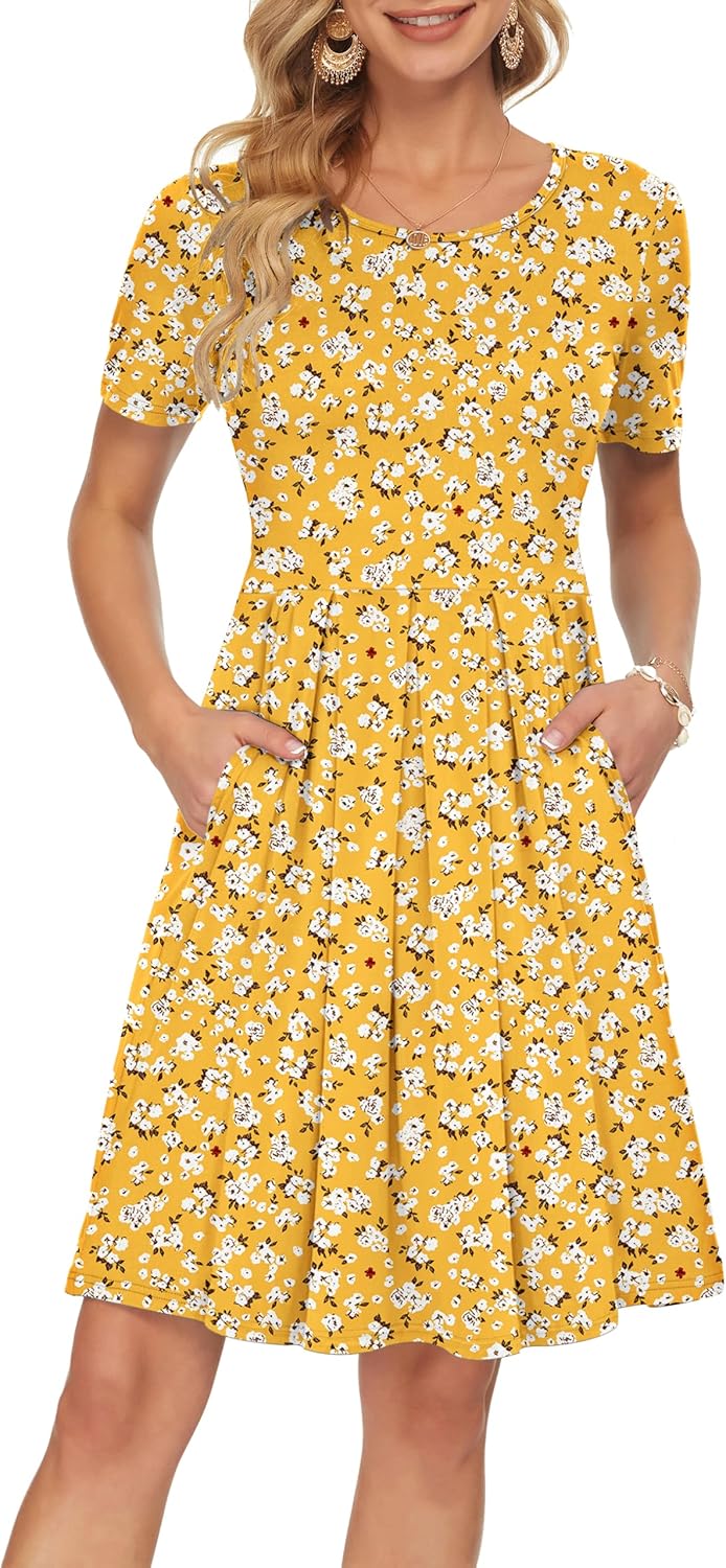 AUSELILY Women's Short Sleeve Summer Dress Pleated Loose Swing Knee Length Dresses with Pockets 2026 New