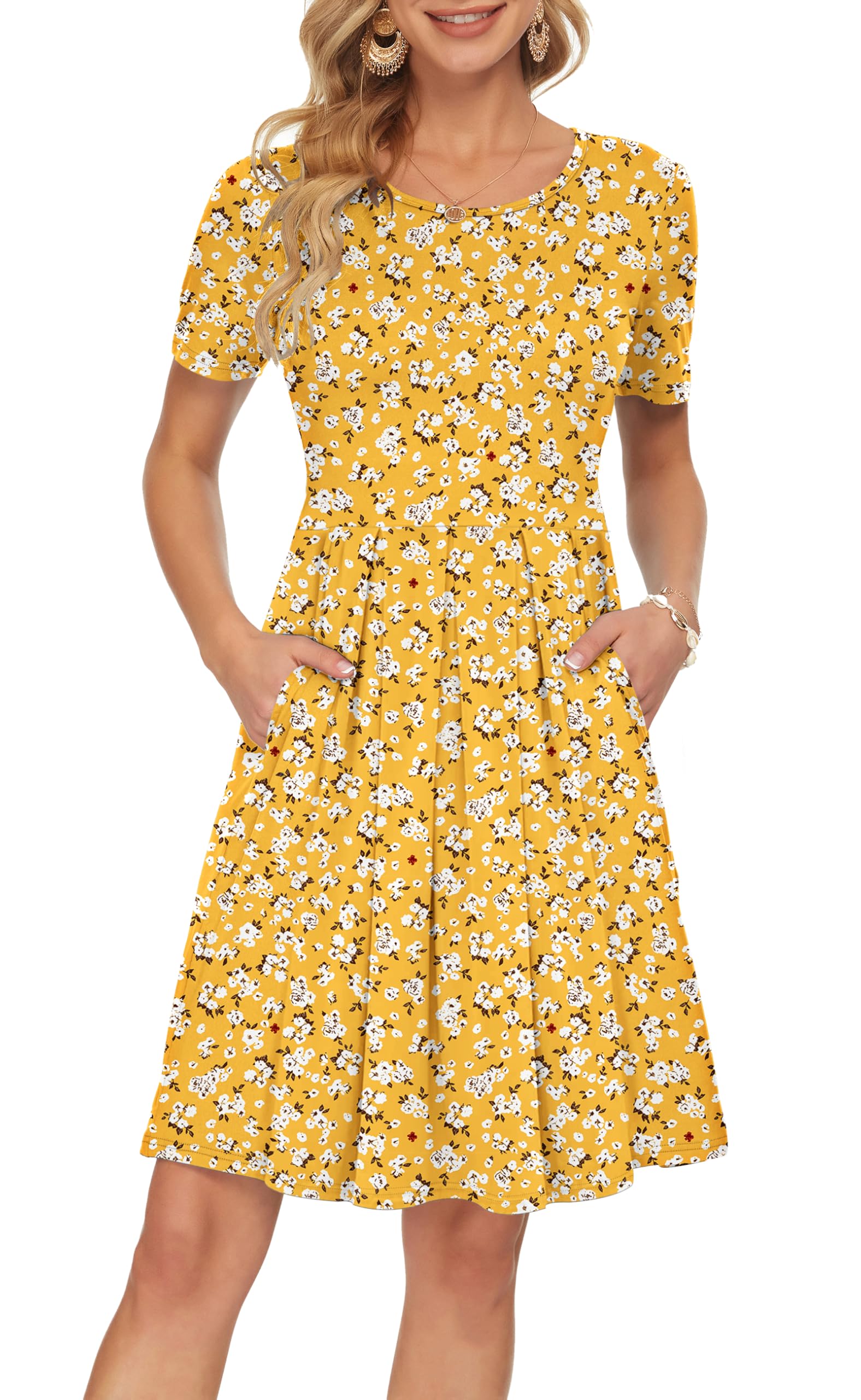 AUSELILY Women's Short Sleeve Pleated Swing Summer Dress with Pockets