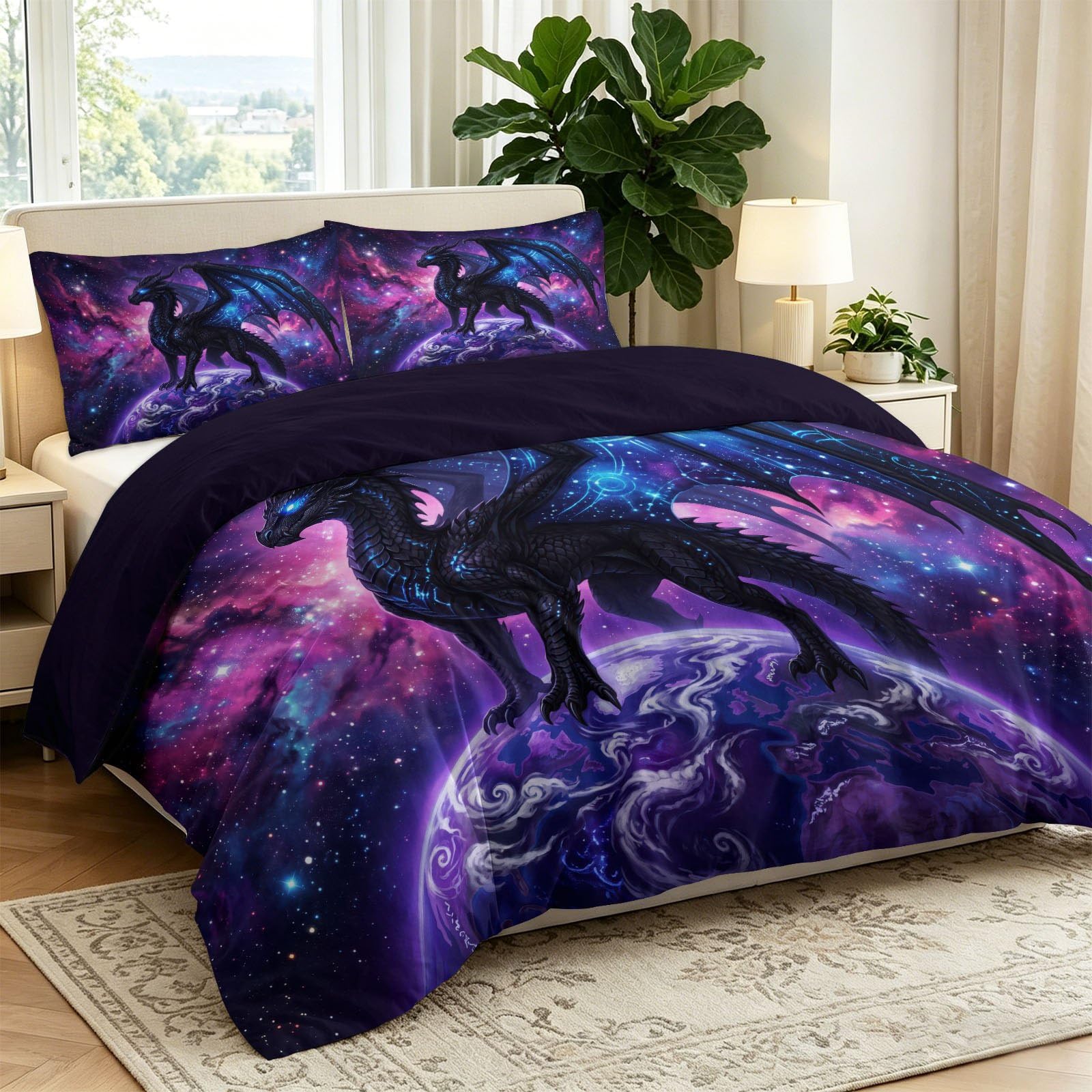 Komplet pościeli 240 x 220 cm, miękka szczotkowana poszwa na kołdrę z mikrofibry z zamkiem błyskawicznym, fantazyjna pościel kosmiczna, smoki, planety, niebo, mgławica gwiazda, 2 poszewki na poduszki