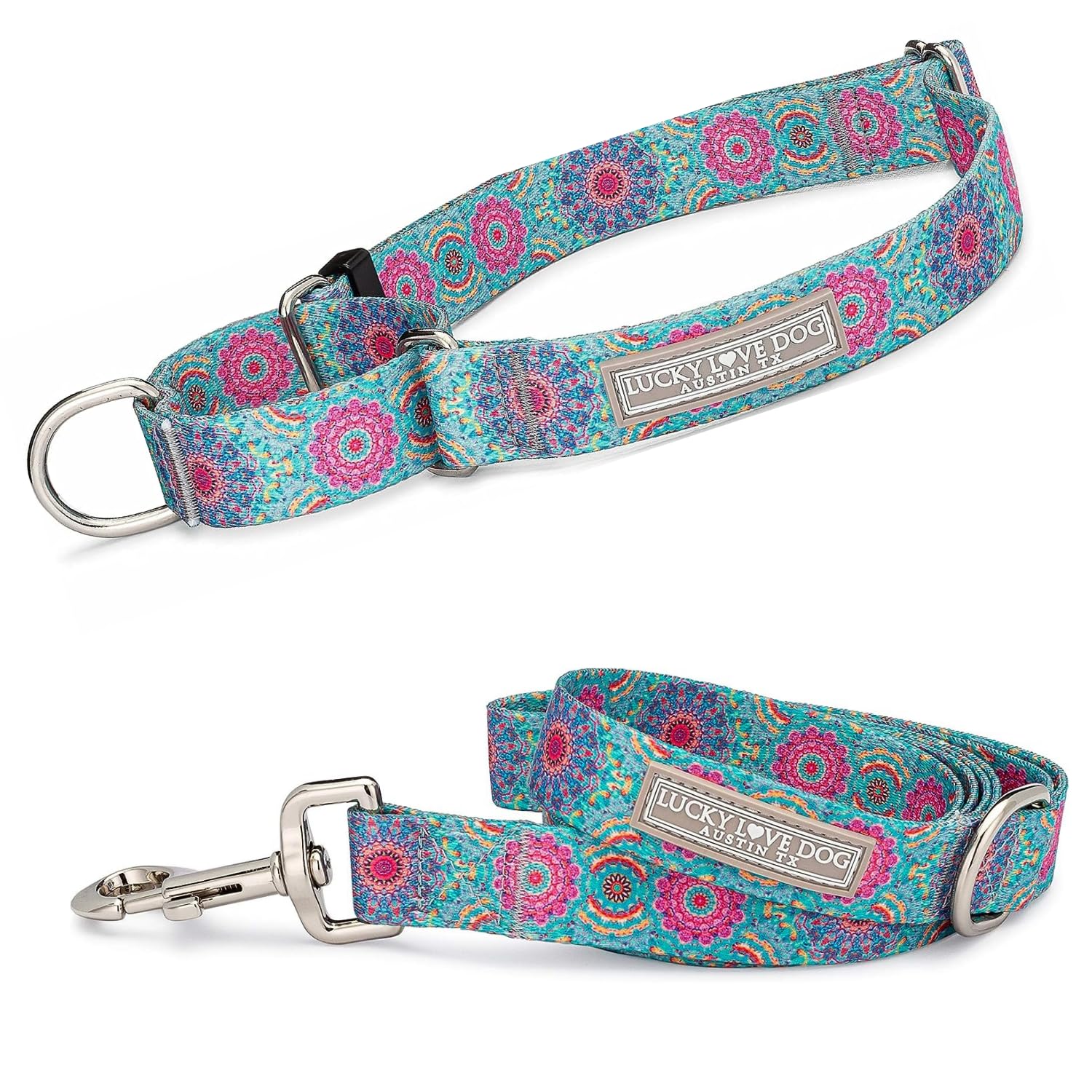 Lucky Love Dog Martingale Dog Collar & Leash - Adjustable, No-Slip, Durable, Comfortable, Soft Webbing, & Stylish Patterned Collar & Leash Set for