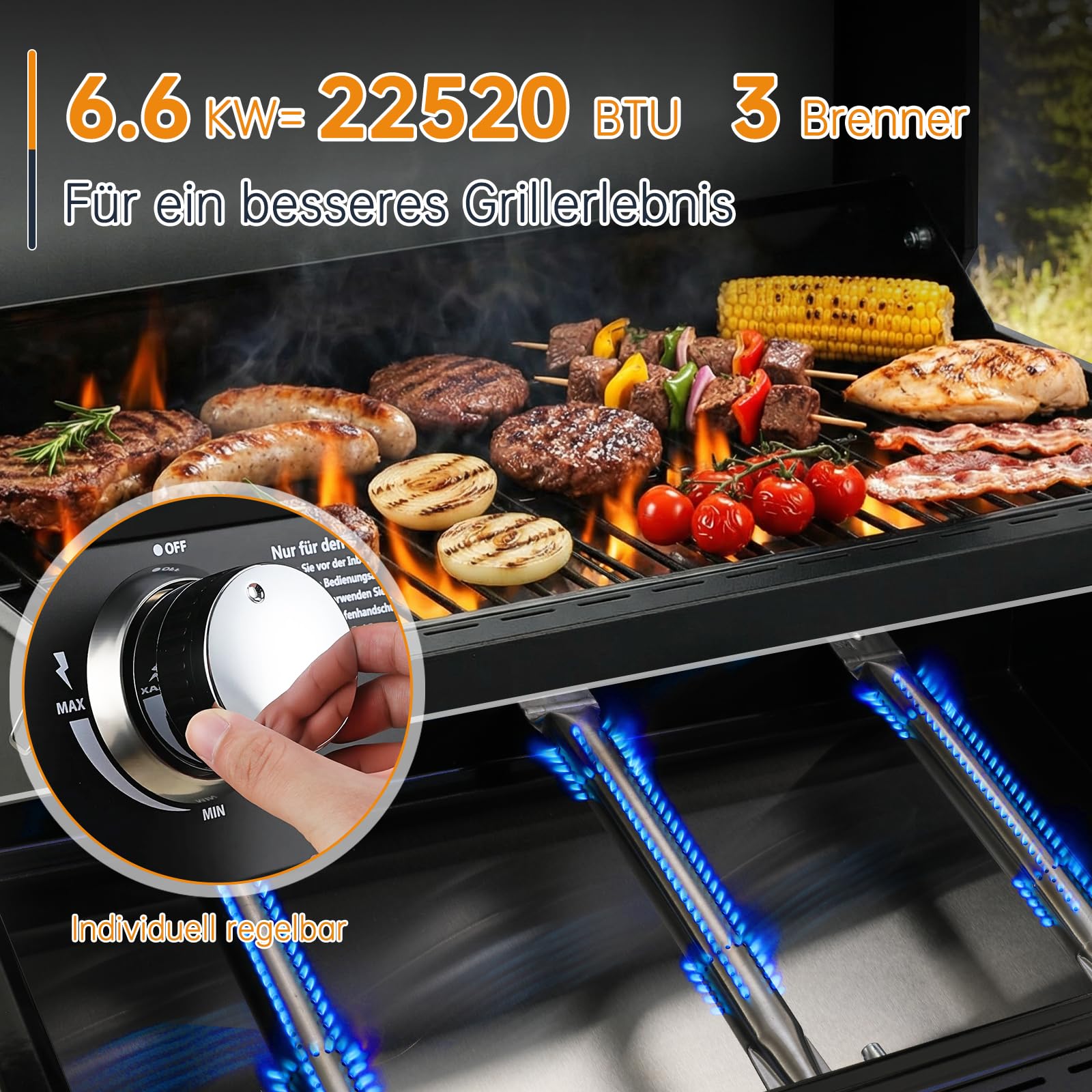 TLSUNNY 3 Brenner Gasgrill Klein, Kompakt Tischgasgrill mit Emaillierter Grillrost, Thermometer, Camping Gasgrill Tragbarer für BBQ, Balkon, Garten, 6.6kW, 60 x 33 cm Grillfläche, 4PCS Füße, Schwarz