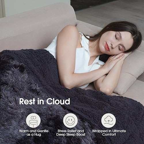 Miniatura 5 de Manta con peso de 15 libras tamaño Queen, manta pesada de piel sintética lanuda Sherpa para dormir, natural y relajante, manta pesada de felpa