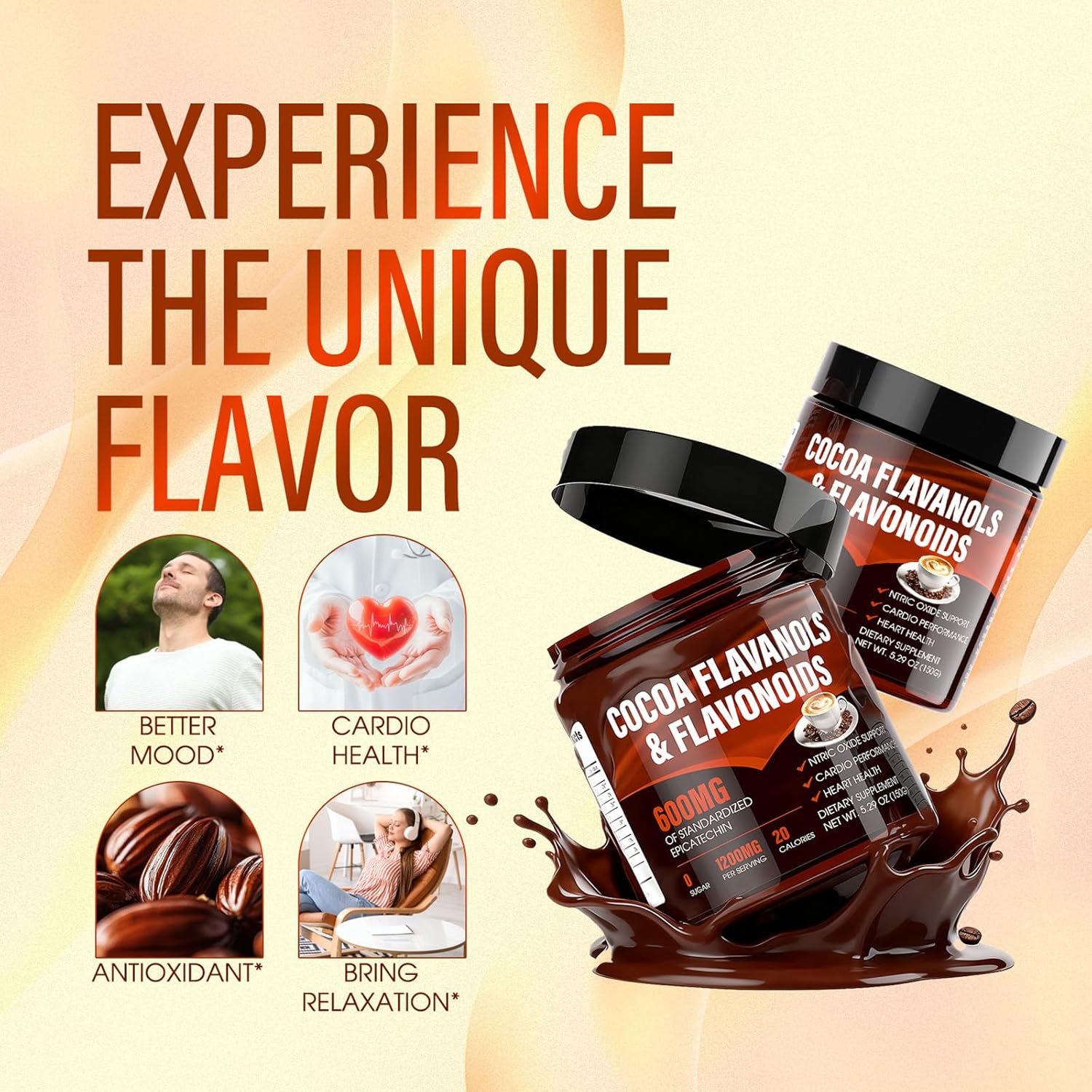 High Flavanol Cocoa Powder, 1200mg Cocoa Flavanols, Flavonoids & 600mg Epicatechin, Improve Circulation, Energy, Supports Heart Health & Brain Function (2, Gram, 300)