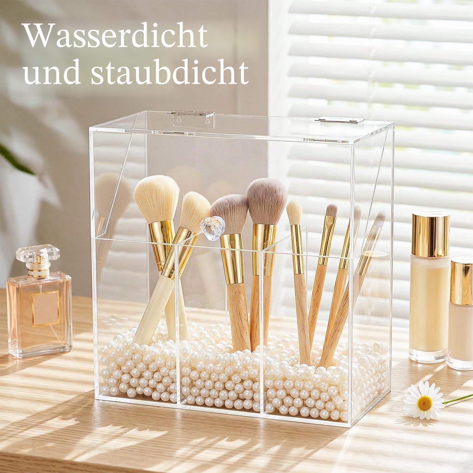 Okllen Make-up-Pinselhalter mit Staubdichtem Deckel, Weiße Perlen, Transparenter Acryl-Make-up-Pinsel-Organizer mit 3 Fächern, Kosmetikpinsel-Aufbewahrungsbox für Waschtisch, Badezimmer, Schlafzimmer