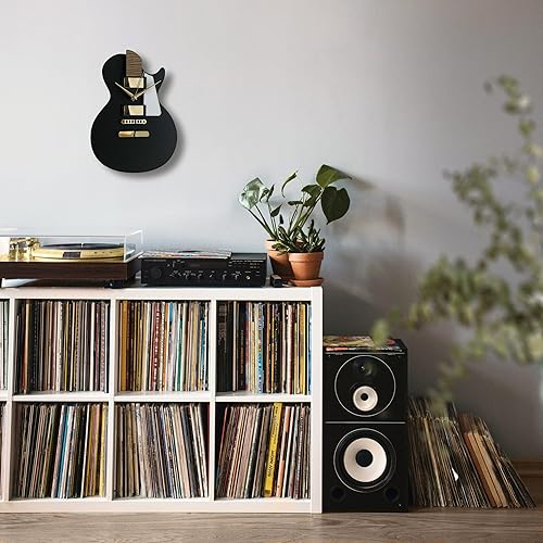 Miniatura 3 de goodtime Reloj de guitarra, negro y dorado, moderno, reloj silencioso, 11 x 15 pulgadas, acrílico, roble, tema musical, mecanismo de cuarzo, regalo