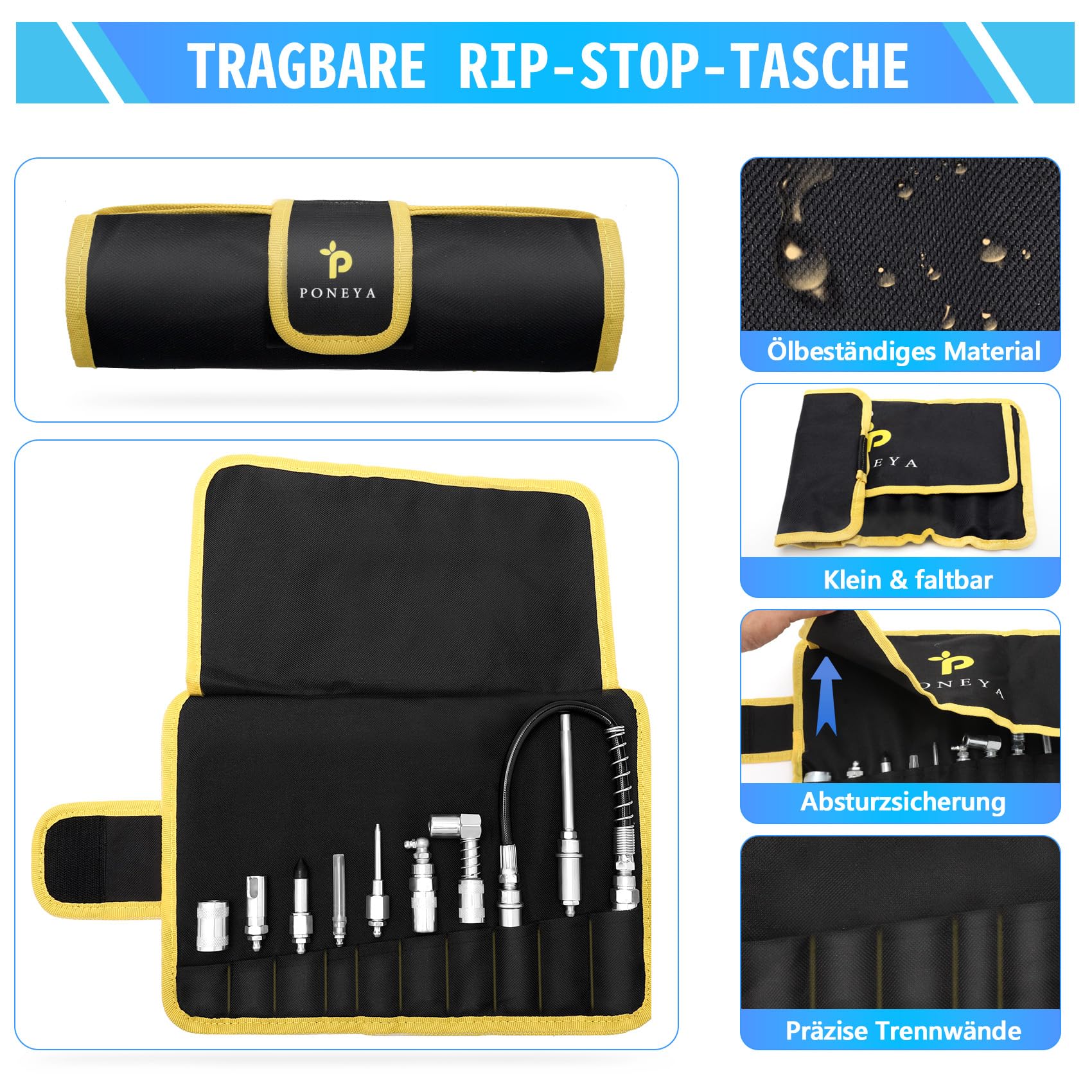 Fettpressenkupplungen, 9-teiliges Schnellverbindungs-Fettzubehör-Set mit Fettpressenspitzen,12" Schlauch Fettpresse Kupplung und Aufrolltasche, Ideal für Alle Arten von Fettpressen