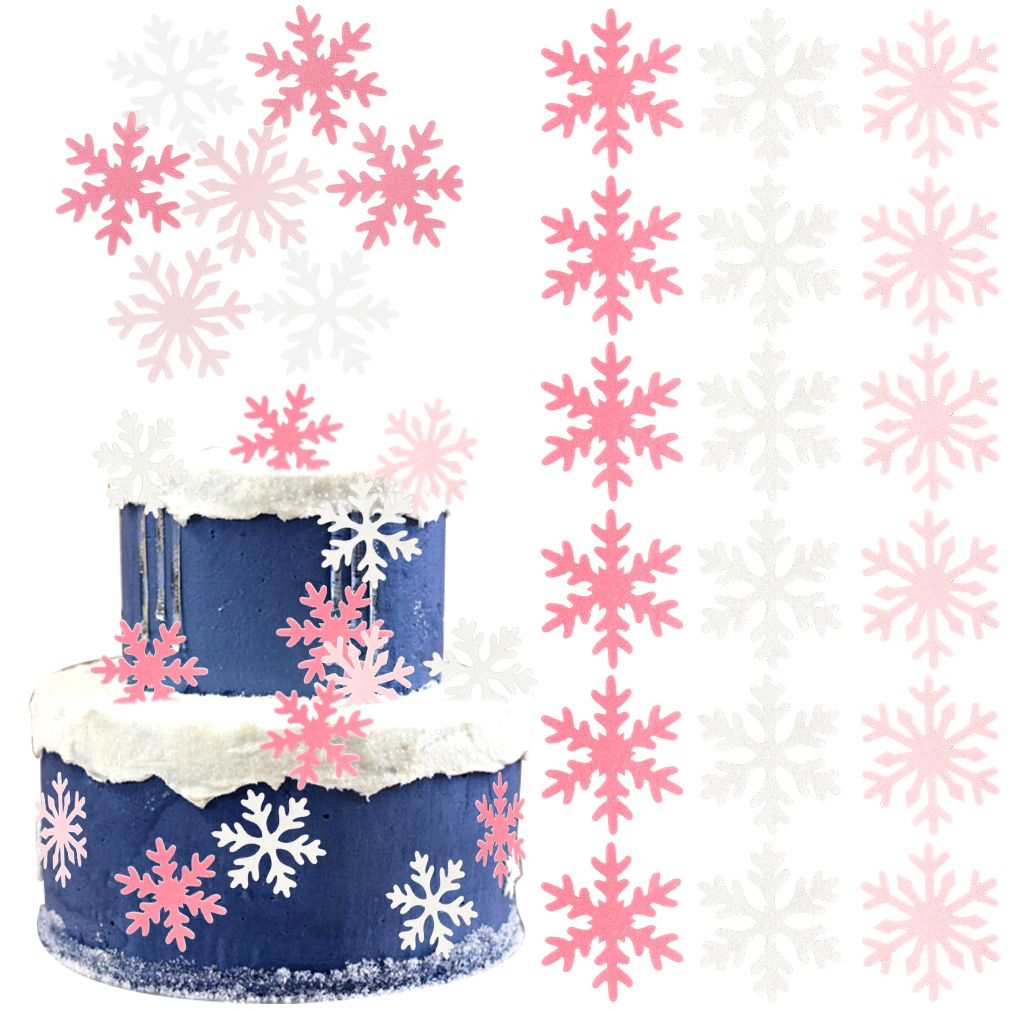 Xsstarmi 60 Pack Edible Snowflakes Cupcake Toppers Rice Paper Snowflakes Cupcake Picks for Winter Frozen Theme Baby Shower Birthday Christmas Party DIY Cake Decorations Supplies Pink White Pink