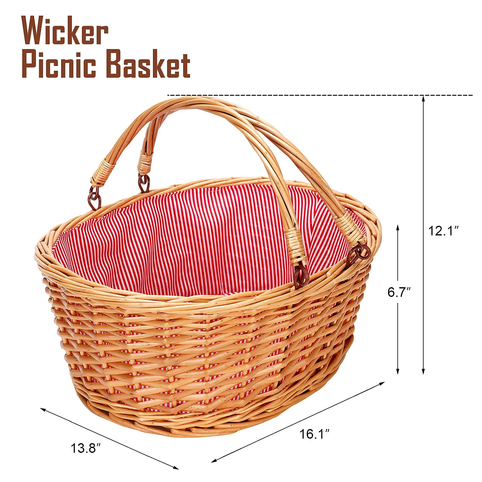 Cesta de picnic de mimbre con asas dobles plegables, cesta vacía de sauce grande natural, cesta vacía, huevos de Pascua, cesta de vino para juguetes, flores, bodas (rojo, 16 pulgadas)