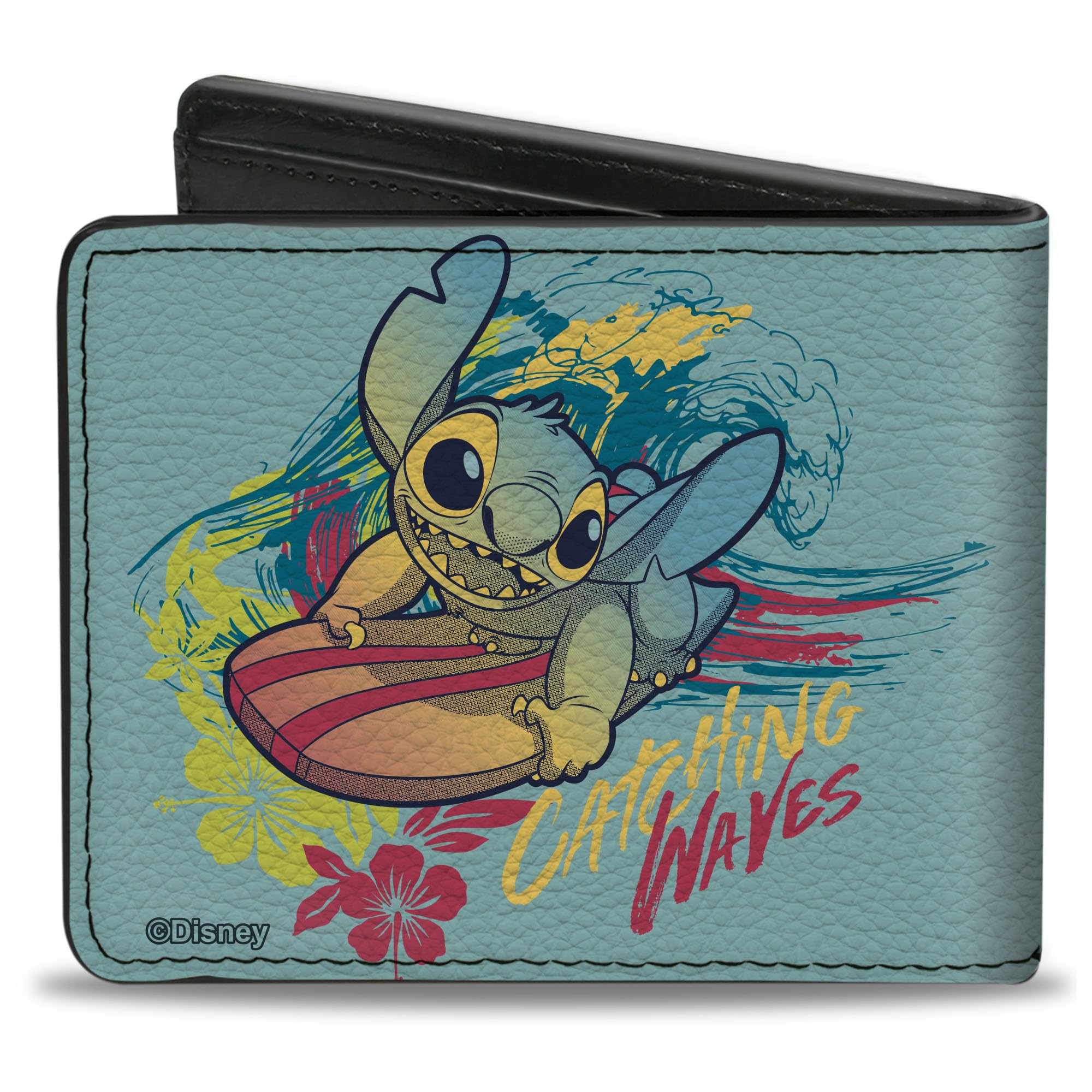 Buckle-Down Disney Wallet, Bifold, Lilo and Stitch Aloha Catching Waves Poses Blue Multi Color, Vegan Leather