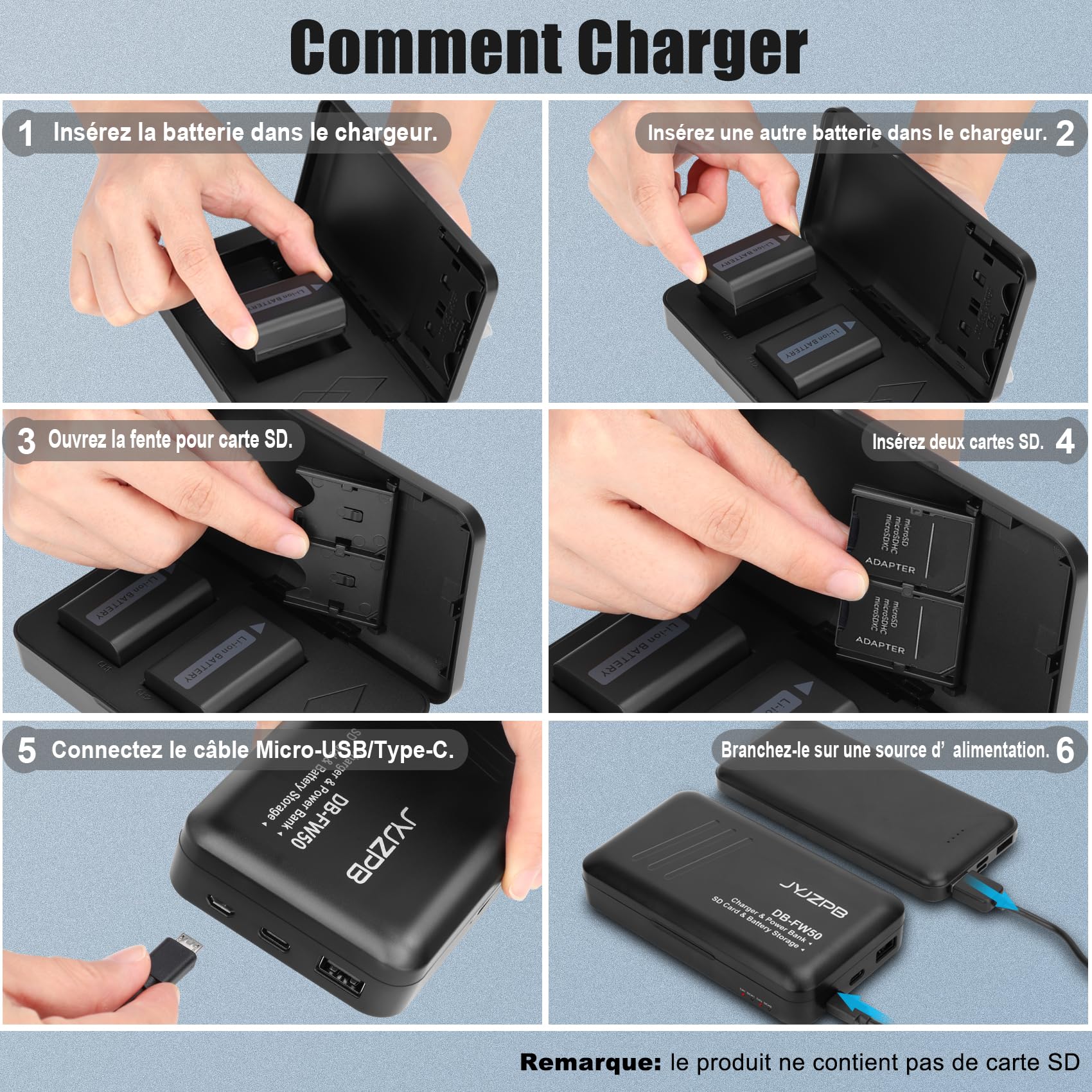 JYJZPB NP-FW50 Batterie de Rechange et A7 II Chargeur pour Sony Alpha A6000 A6400 A6500 A6300 A6100 A7II ZV-E10 A7 A7RII A7SII A7S A7S2 A7R A7R2 A5100